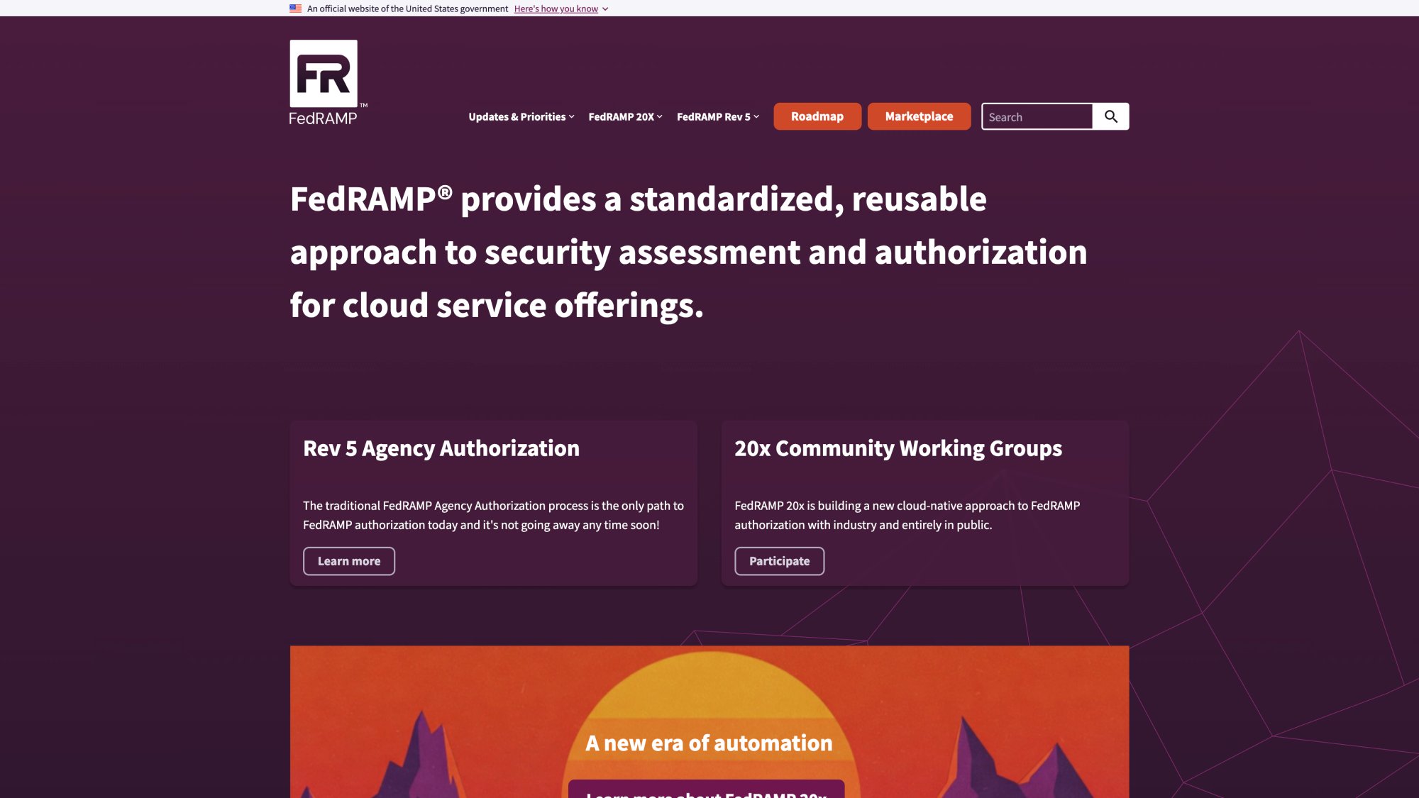 FedRAMP official homepage showing the federal authorization program for cloud services and compliance requirements