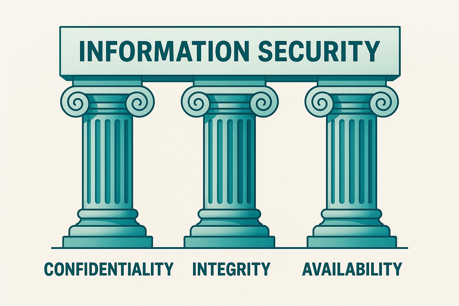 CIA Triad illustration showing three pillars (Confidentiality, Integrity, Availability) supporting Information Security