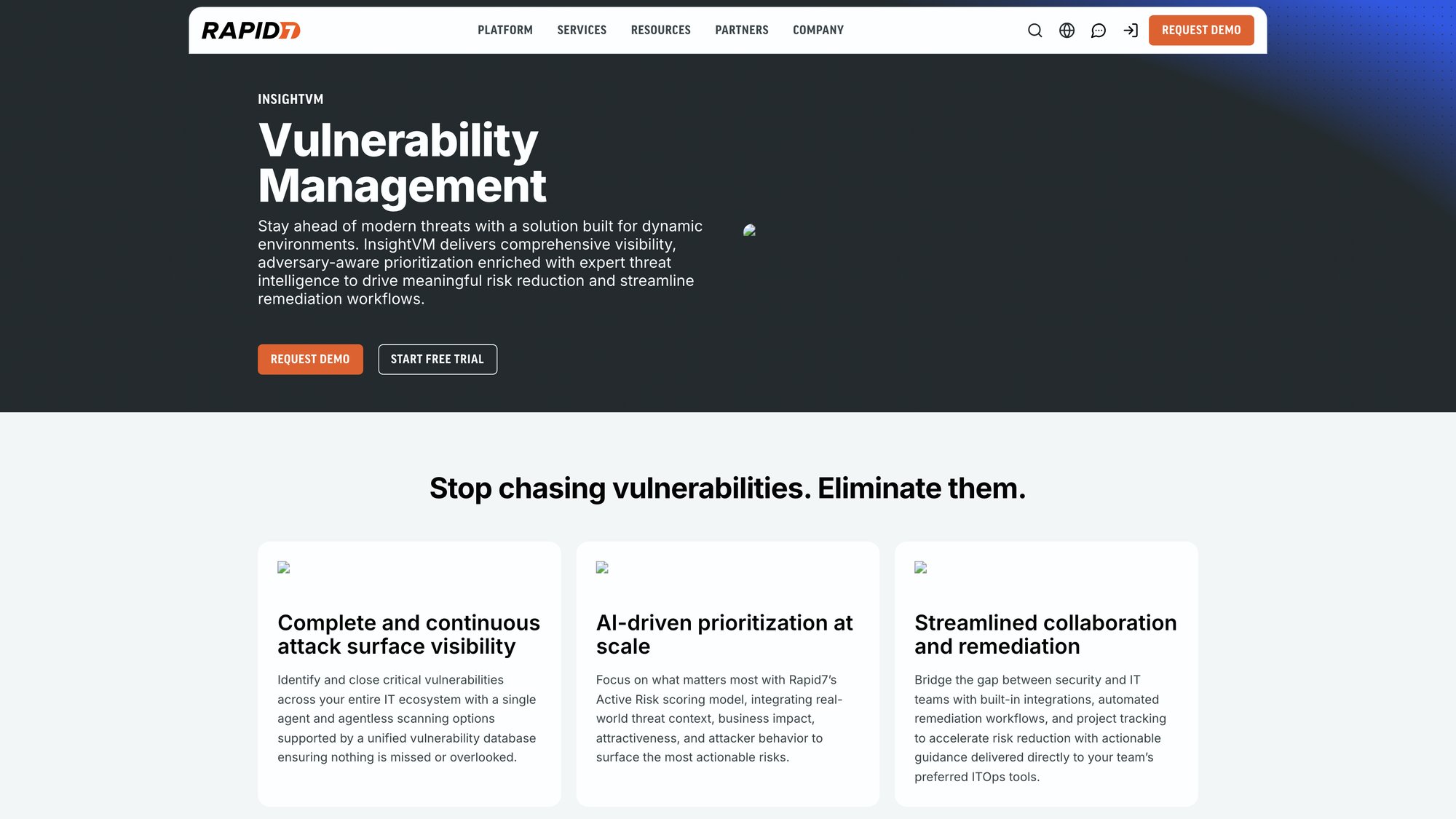 Rapid7 InsightVM vulnerability management platform homepage