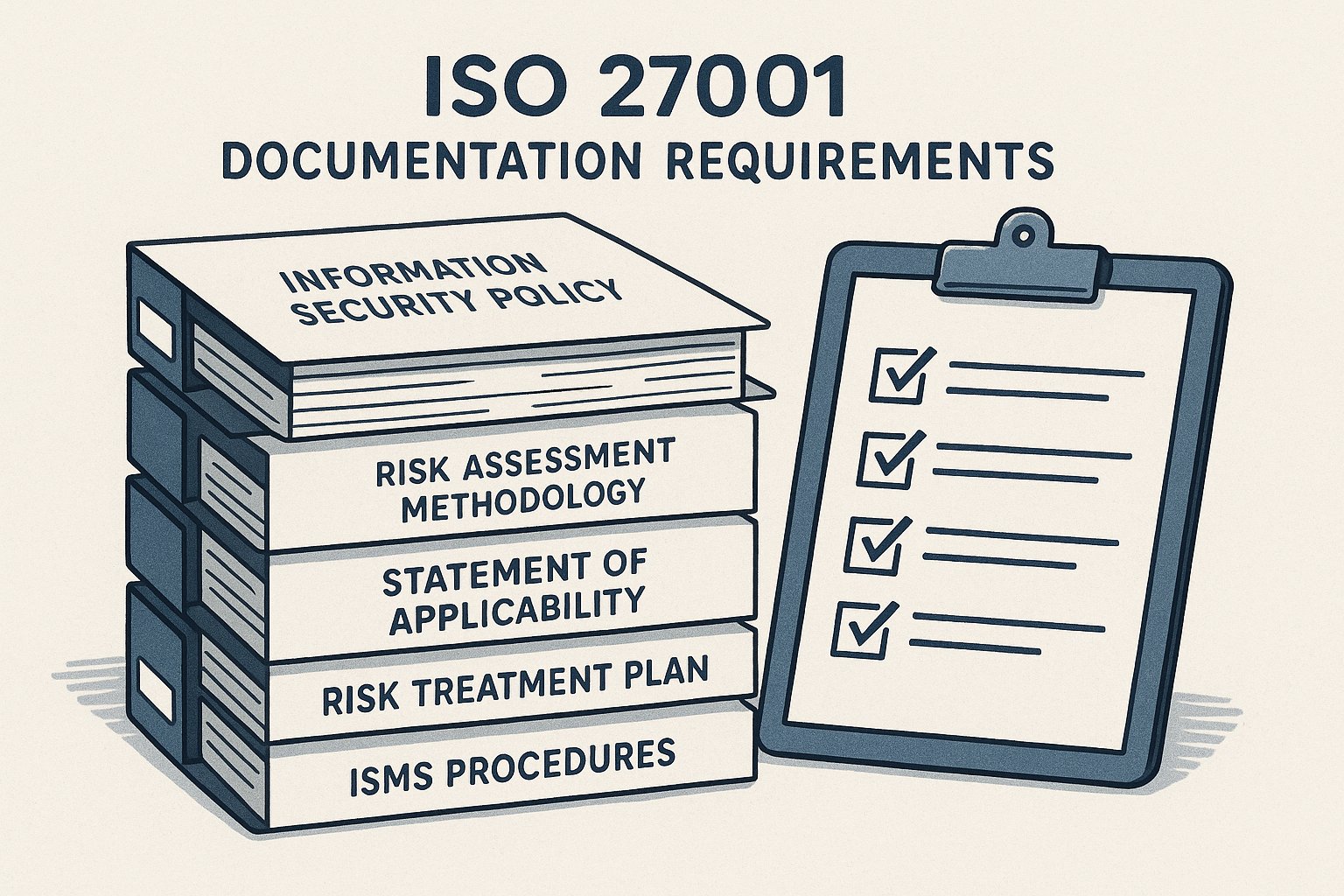 ISO 27001 documentation requirements illustrated as an organized stack of policy documents including Information Security Policy, Risk Assessment Methodology, Statement of Applicability, Risk Treatment Plan, and ISMS Procedures, alongside a checklist showing systematic completion