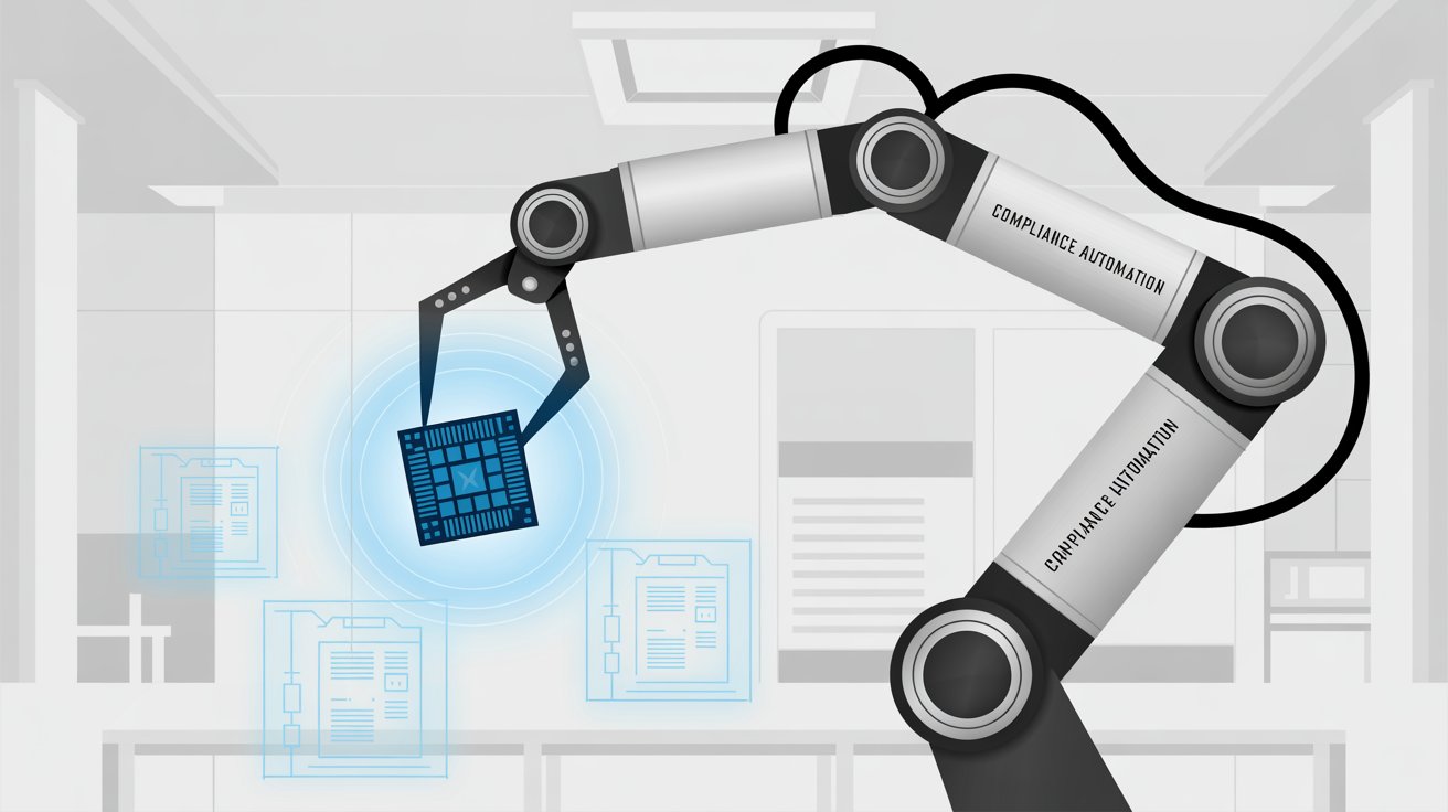 Automated evidence collection system with robotic arm organizing compliance documents in a modern workspace