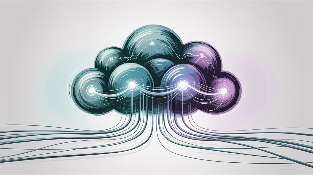 Cloud infrastructure with multiple connection lines representing system integrations and automated evidence collection across platforms