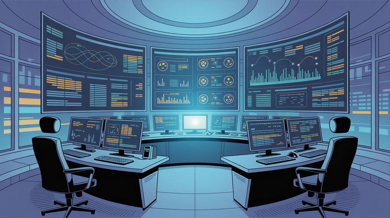 Compliance monitoring control center with multiple displays showing real-time security metrics, alerts, and status dashboards
