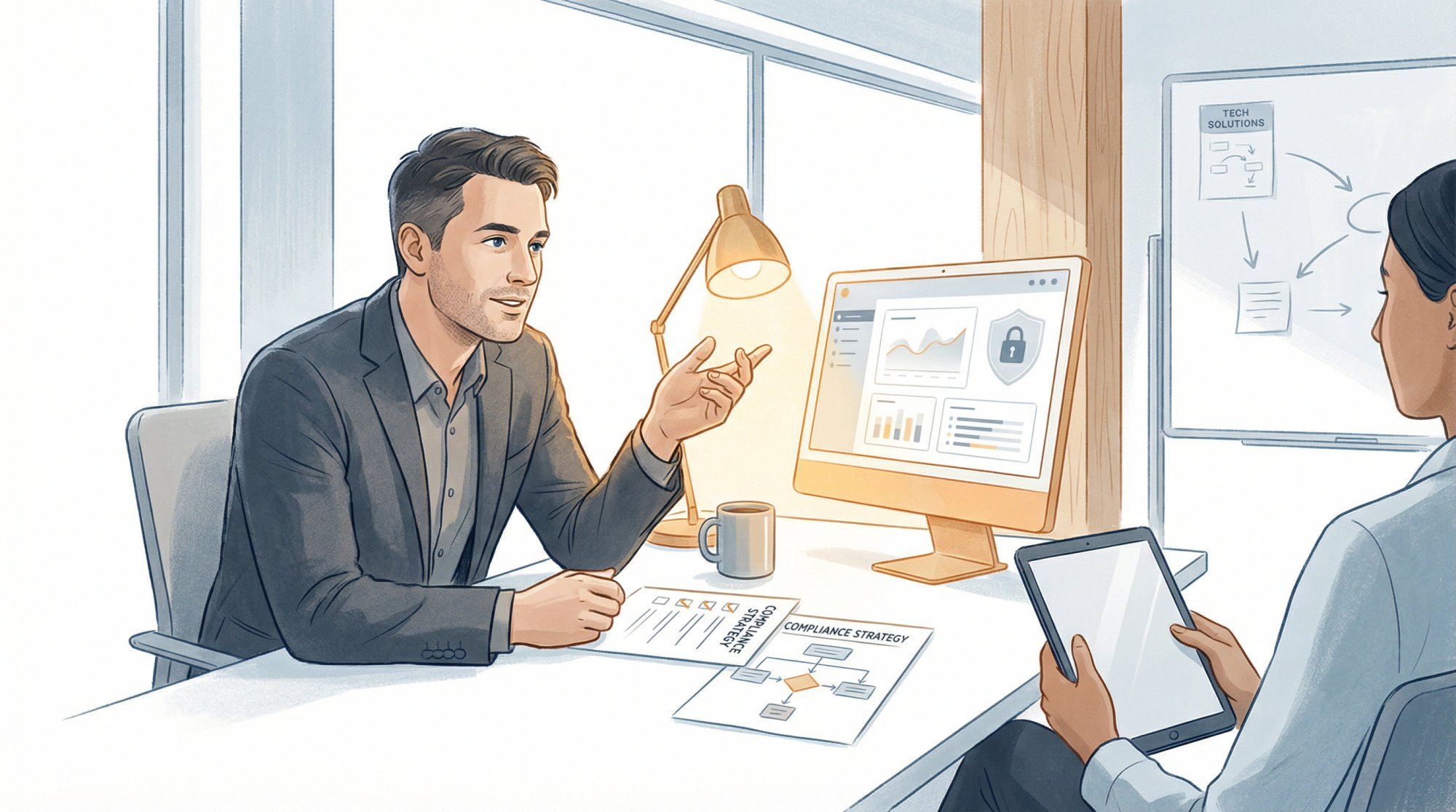 Founder having a productive conversation with a compliance advisor, discussing tech stack essentials in a modern office