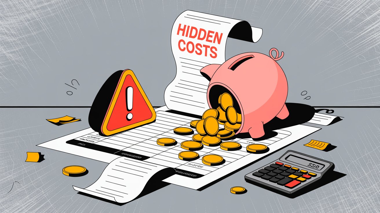Hidden costs and surprise fees illustrated with scattered bills and budget warning