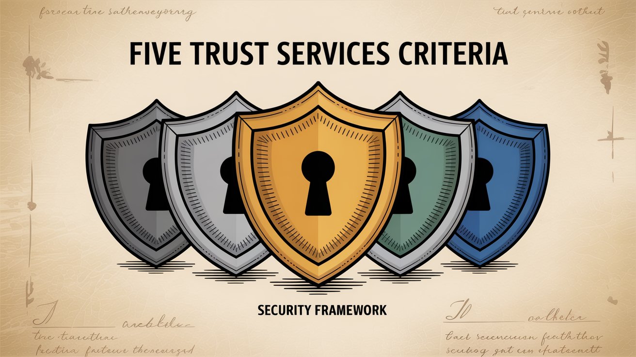Five Trust Services Criteria security framework with shields representing each criterion