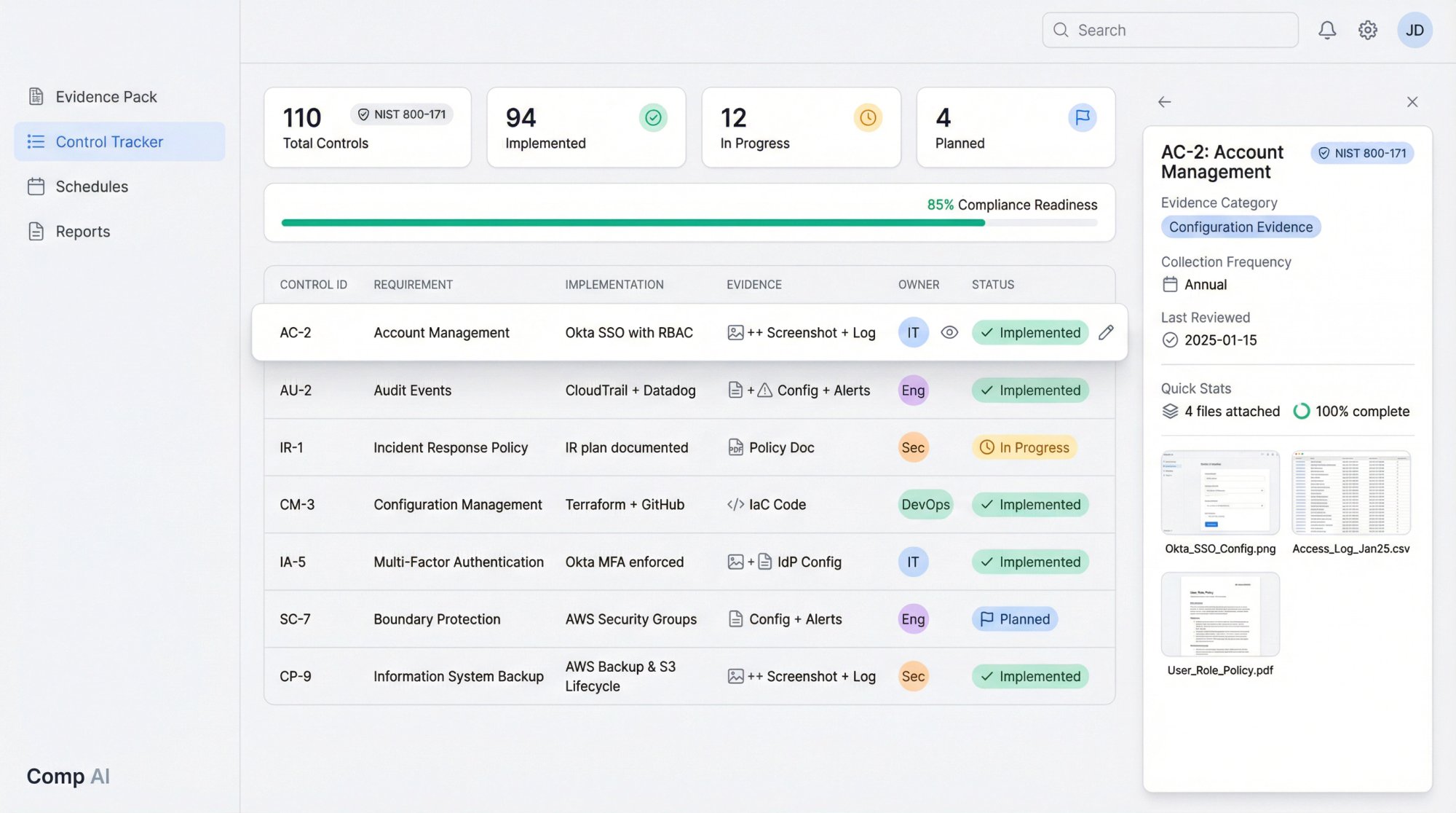 Modern compliance evidence management dashboard showing control tracker with NIST requirements, implementation status, and evidence organization