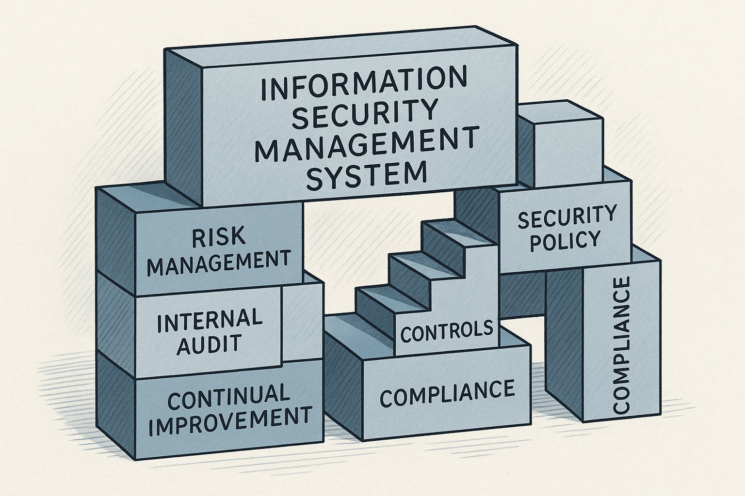 Professional illustration showing ISO 27001 information security management system as organized building blocks, featuring components like Risk Management, Internal Audit, Continual Improvement, Controls, Compliance, Security Policies, and Governance in a structured framework