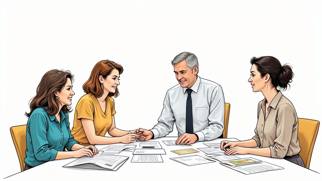 An auditor reviewing documents with a team in a modern office setting, representing the collaborative nature of an ISO 27001 audit.