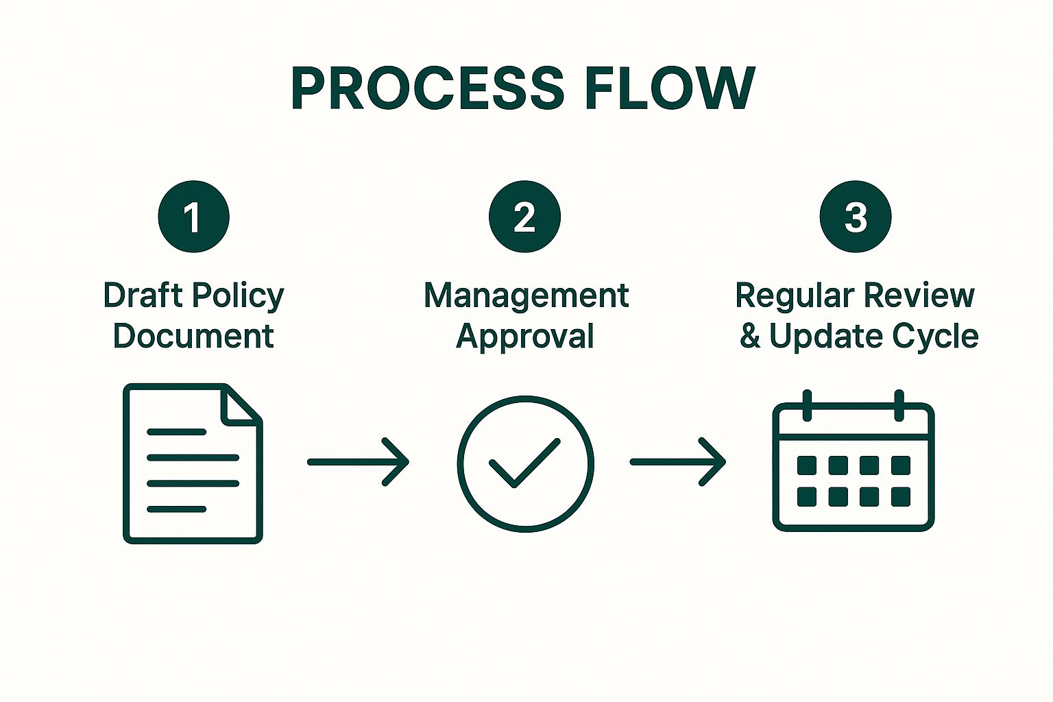 Infographic showing the three-step lifecycle for an information security policy: drafting, management approval, and the regular review and update cycle.