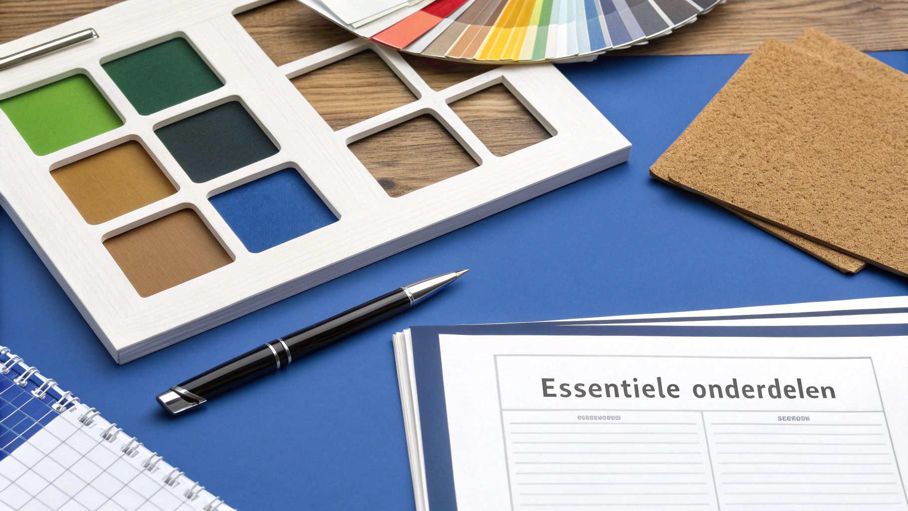 Een bovenaanzicht van ontwerpmaterialen, waaronder een kleurenwaaier, stofstalen, houtmonsters, een pen en een document over 'Essentiële onderdelen'.