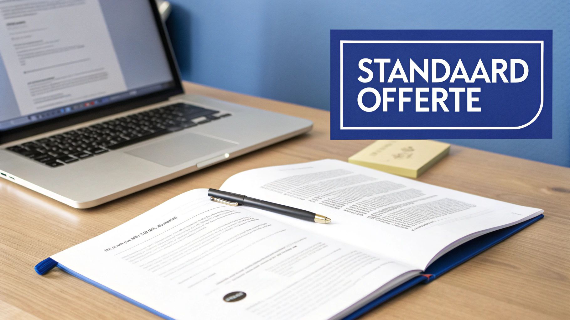Standaard offerte document met pen op bureau naast laptop, zakelijke offerte template voor professionele presentatie