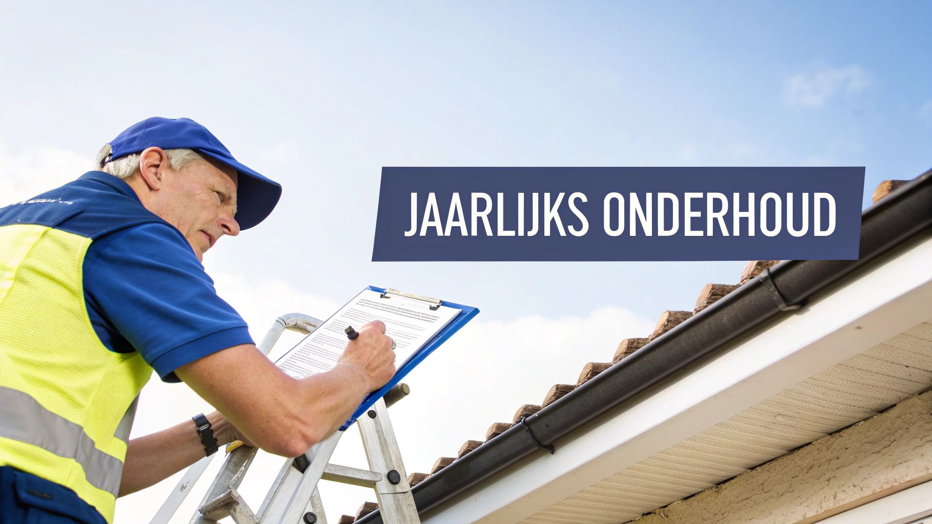 Inspecteur voert jaarlijks onderhoud uit aan dakgoot met checklist en ladder