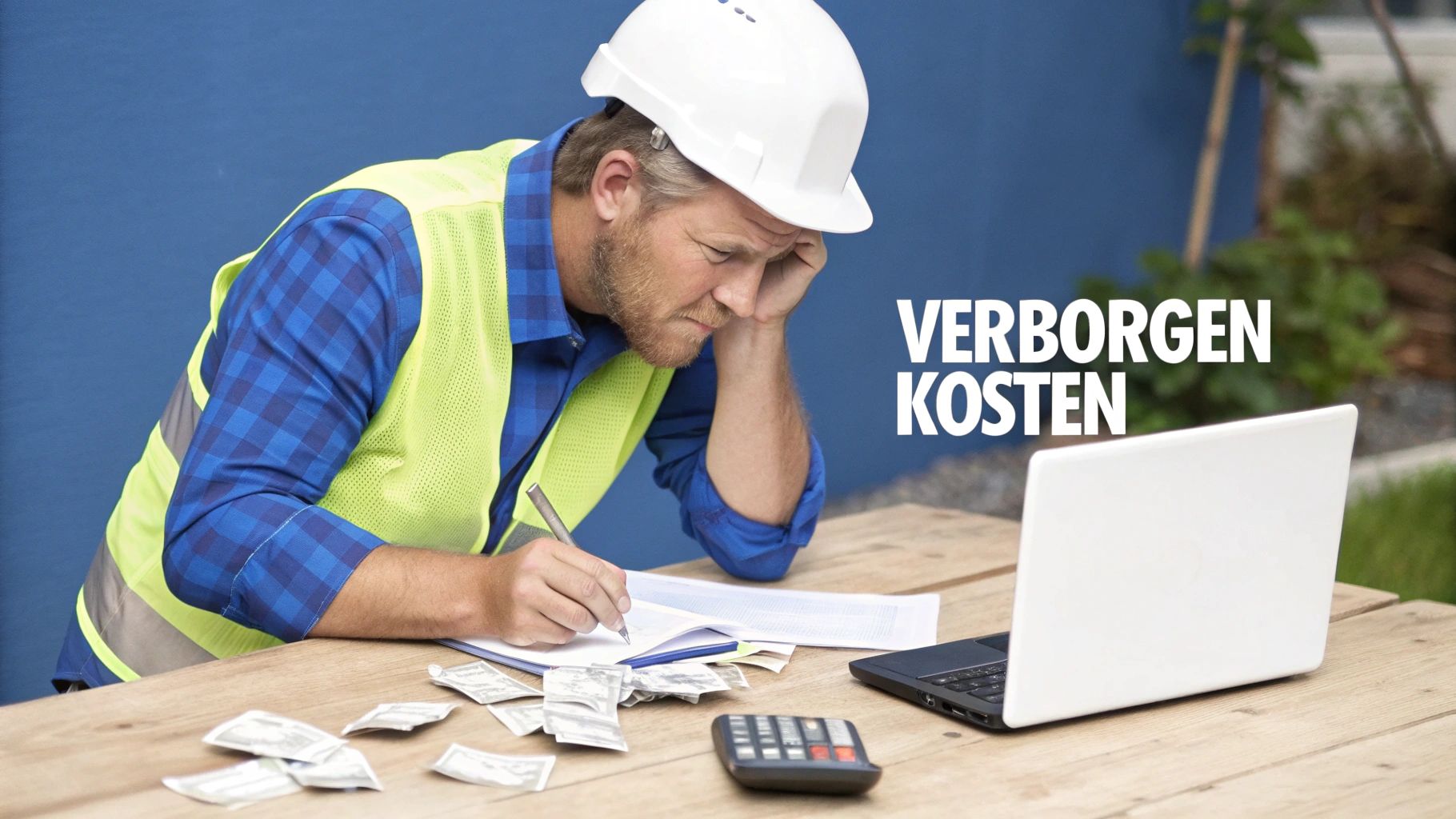 Een aannemer die aan een bureau werkt aan een bouwtekening en offerte.