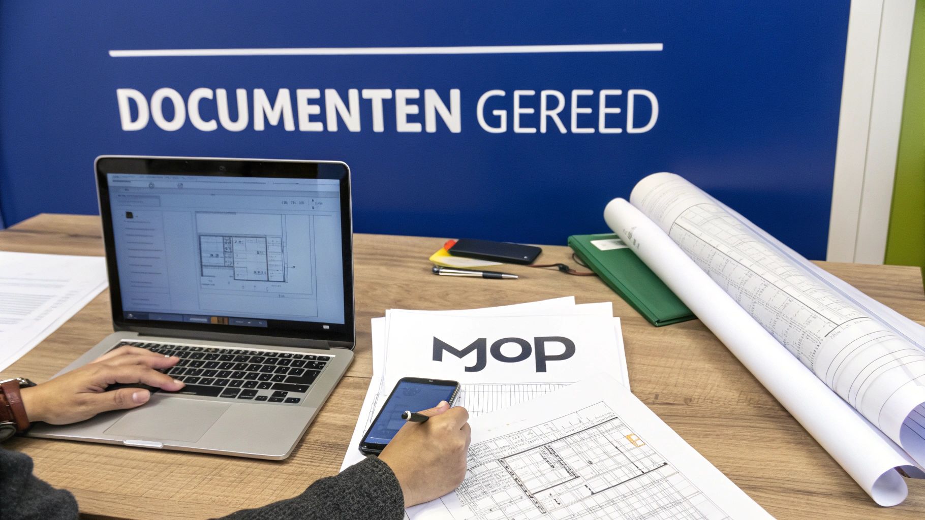 Persoon werkt aan een bureau met laptop, bouwtekeningen en smartphone; blauwe muur met 'DOCUMENTEN GEREED'.