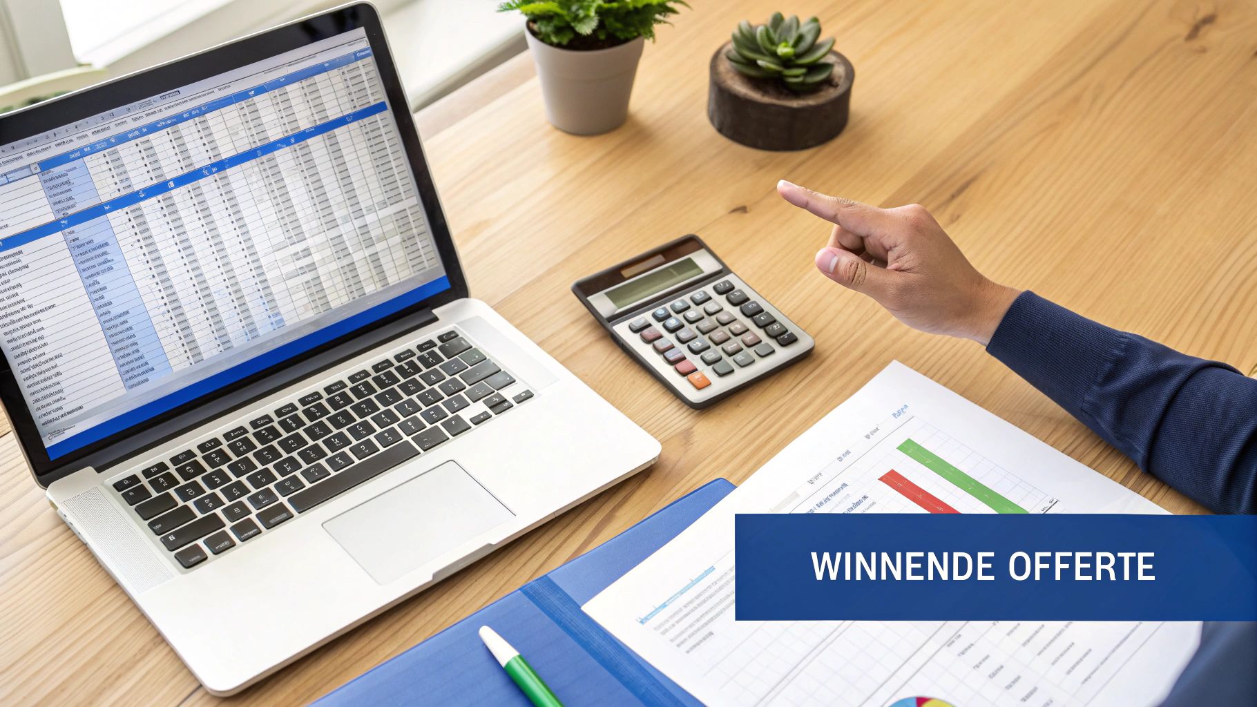 Persoon wijst naar rekenmachine op een houten bureau met laptop, spreadsheet en documenten. Tekst: Winnende Offerte.