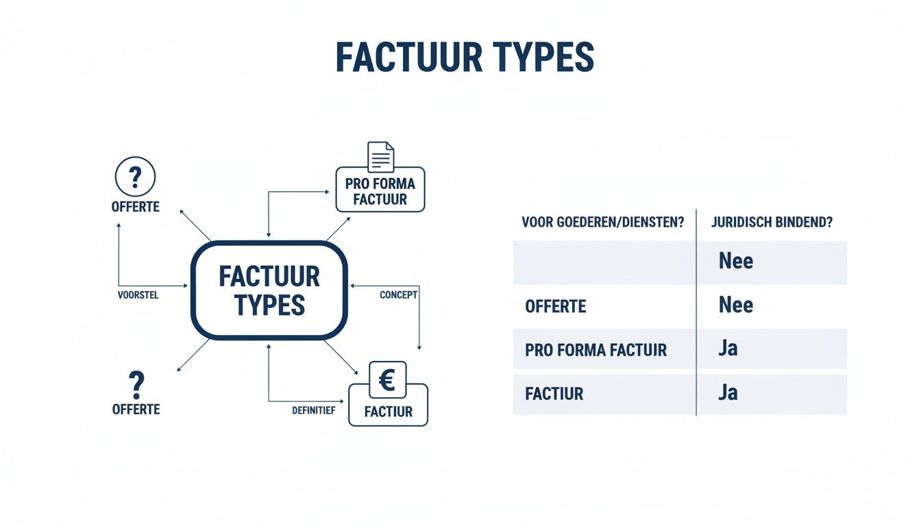 Overzicht van factuurtypes, inclusief offertes, pro forma en definitieve facturen, met hun juridische bindendheid.