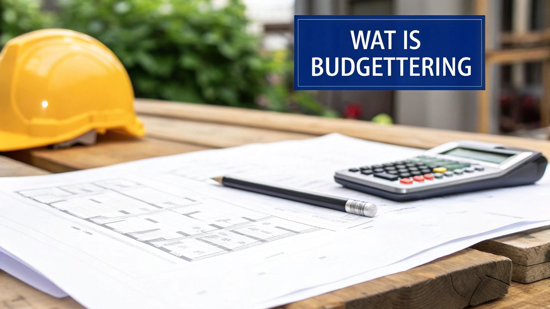 Een gele bouwhelm, bouwtekeningen, een potlood en rekenmachine op een houten tafel. De tekst 'WAT IS BUDGETTERING' is zichtbaar.