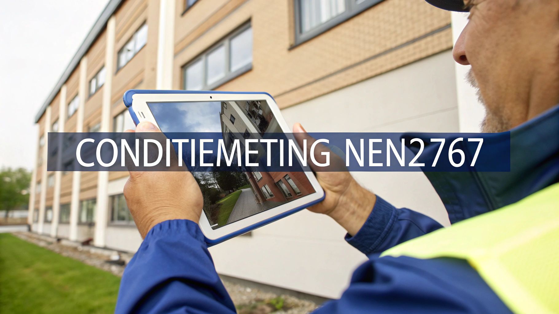 Man met tablet voert conditiemeting uit aan gebouw volgens NEN2767 voor onderhoudsplan.