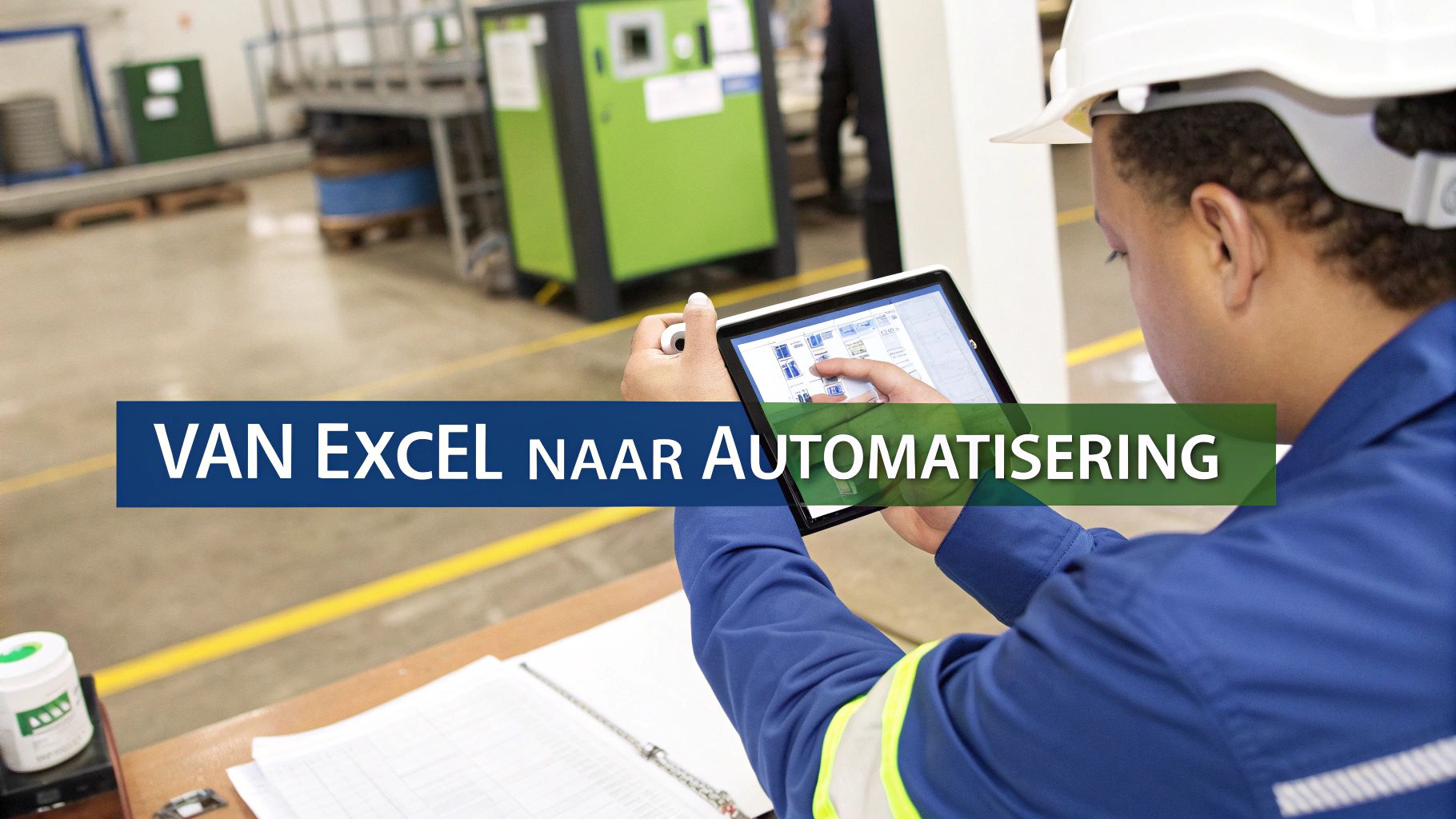 Een industriële werknemer in veiligheidsuitrusting gebruikt een tablet voor automatiseringstaken in een fabriek.