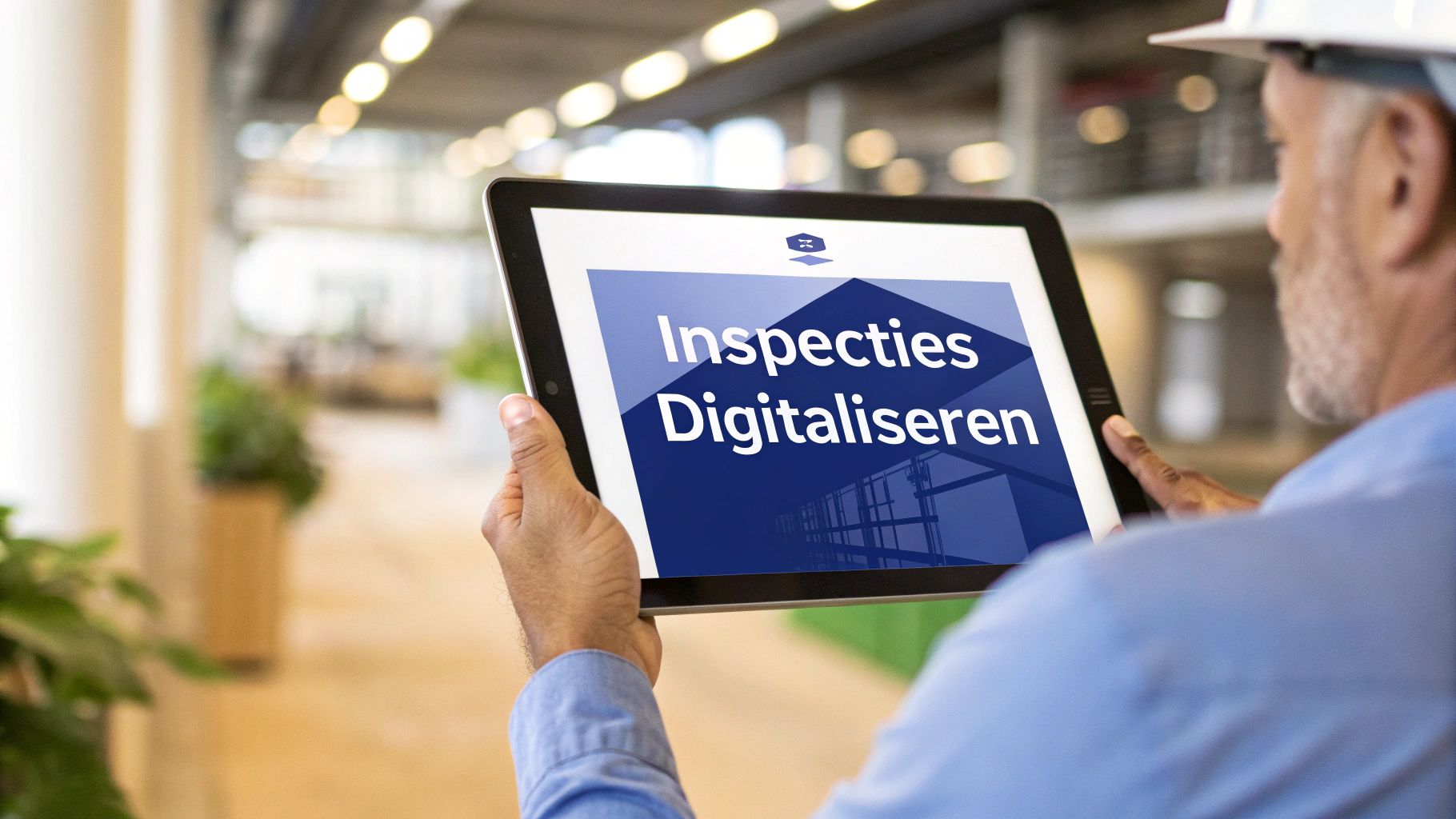 Man met veiligheidshelm houdt een tablet vast waarop de tekst 'Inspecties Digitaliseren' staat, in een bedrijfsomgeving.