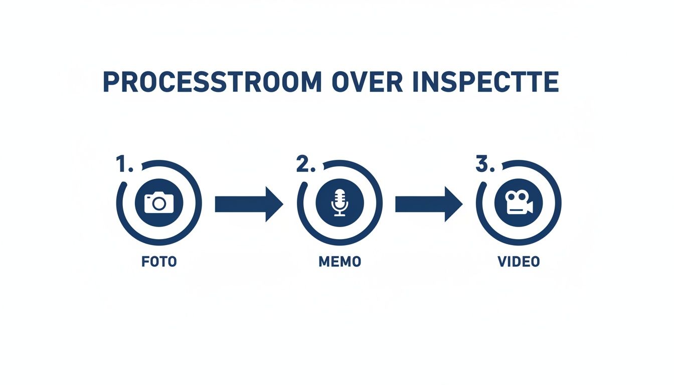 Schematische weergave van de inspectieprocesstroom: foto, memo en video als stappen.