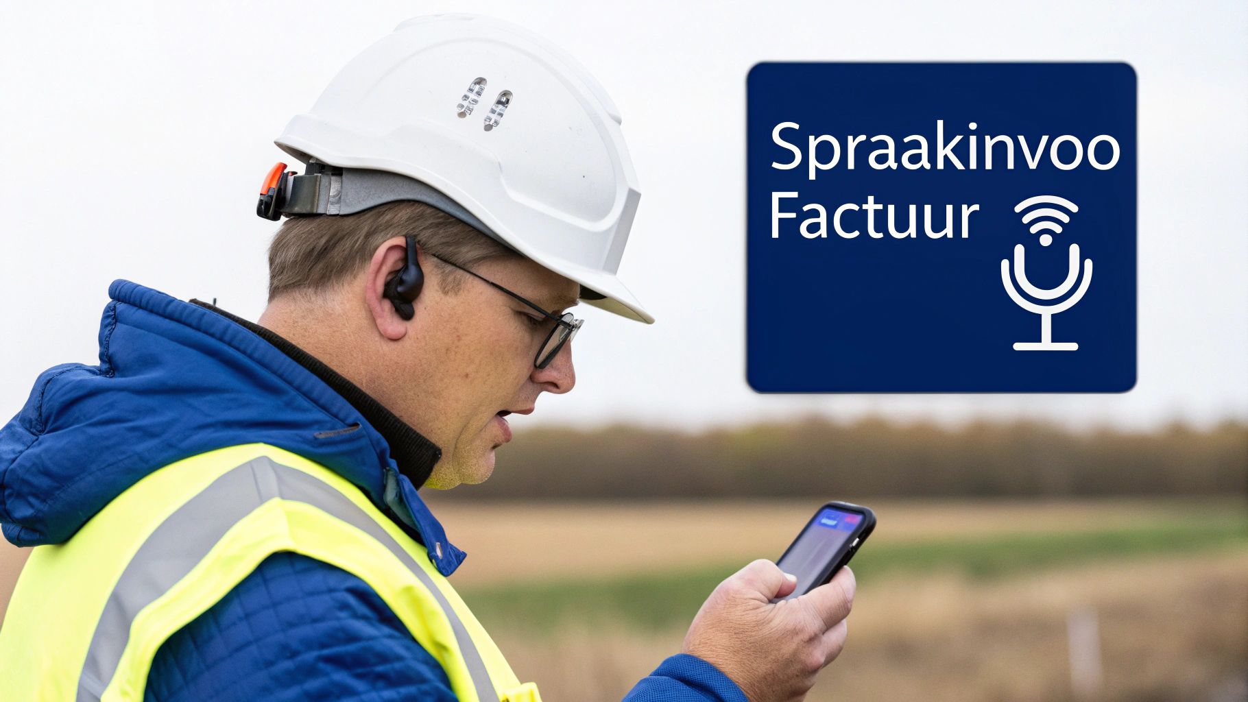 Man met veiligheidshelm en oortje gebruikt smartphone voor spraakinvoer van factuurgegevens in een open veld.