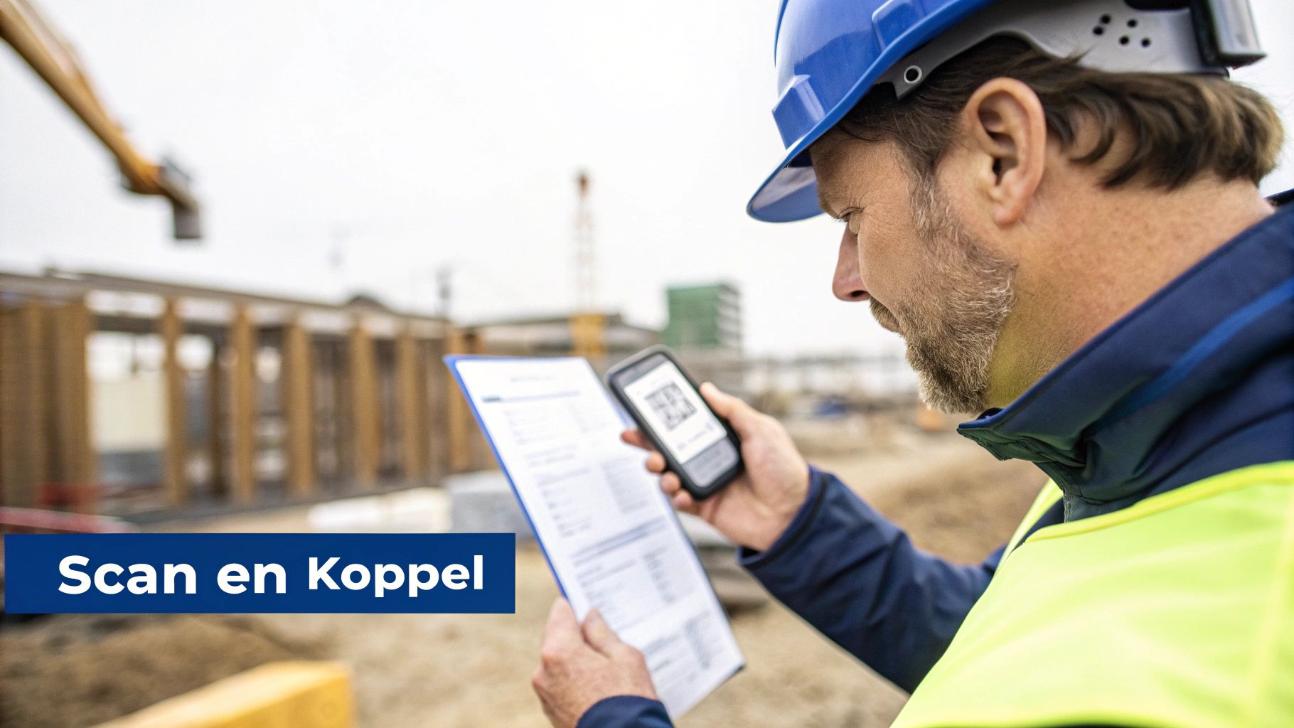 Bouwvakker scant QR-code met smartphone en document op bouwplaats voor efficiënte gegevenskoppeling.