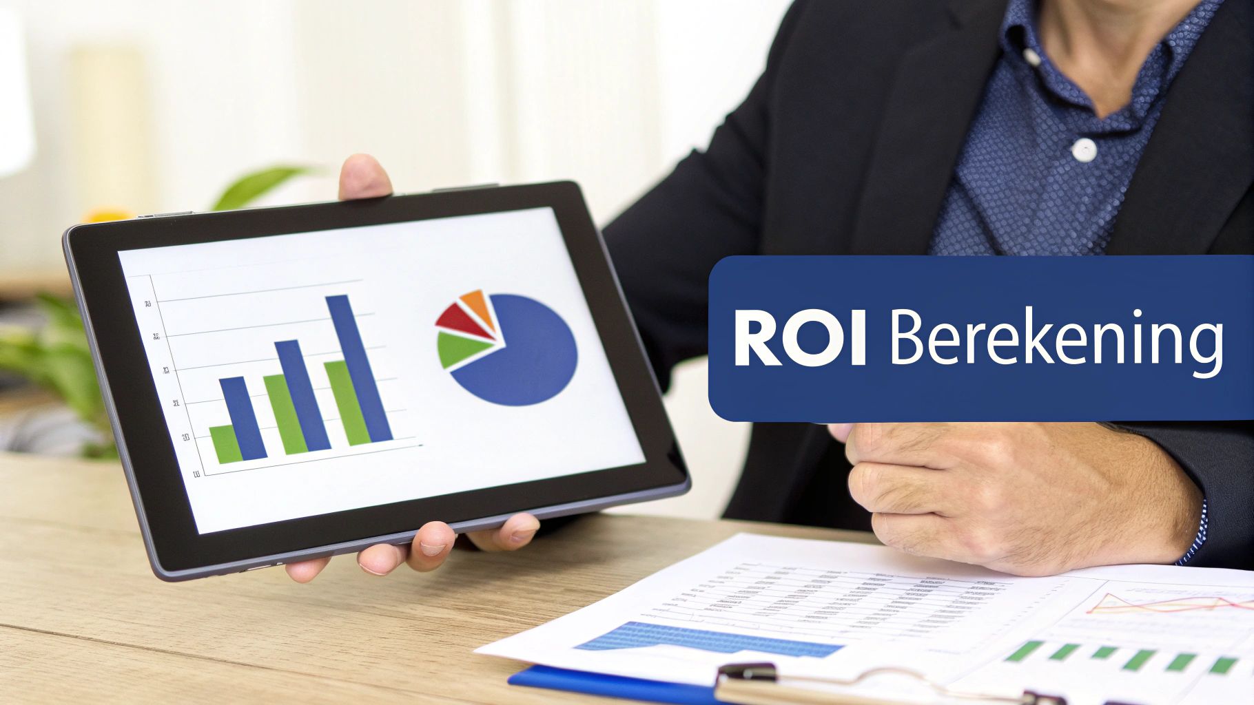 Zakelijke professional toont tablet met ROI berekening grafieken en cirkeldiagram voor financiële analyse