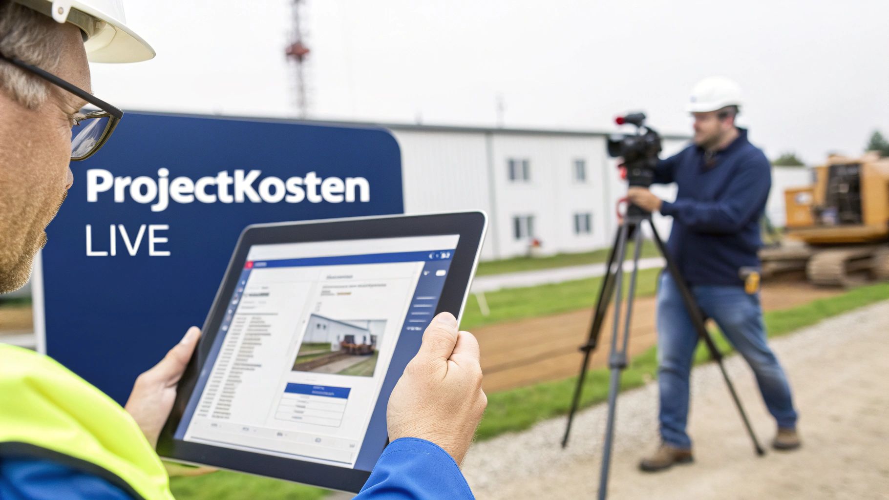 Een projectleider gebruikt een tablet op de bouwplaats om de voortgang te bewaken