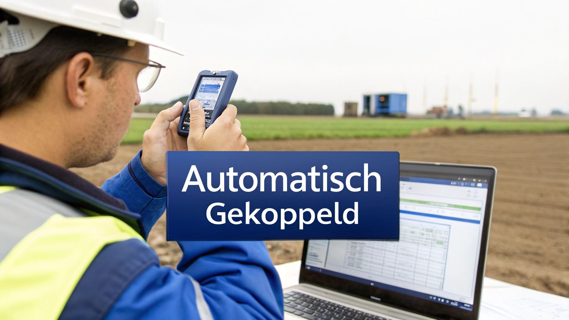 Een bouwvakker met veiligheidshelm gebruikt een handheld en laptop in het veld. Tekst: Automatisch Gekoppeld.