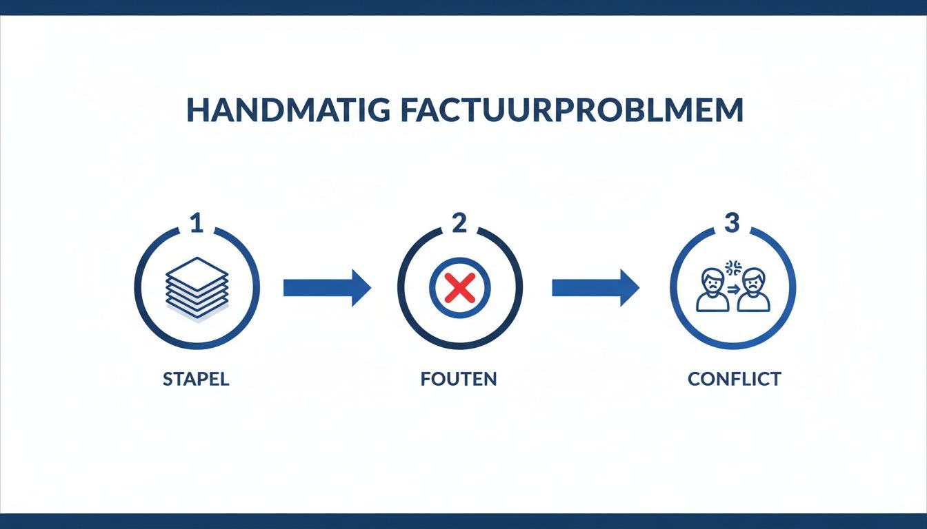 Een diagram over het handmatige factuurprobleem, van stapels facturen naar fouten en uiteindelijk conflicten.