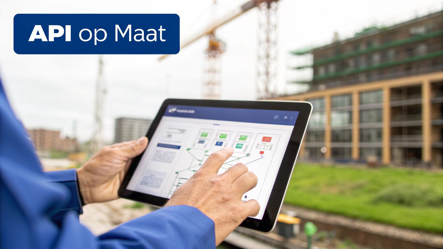 Persoon bedient tablet met 'API op Maat' applicatie op bouwplaats, toont digitale processen.