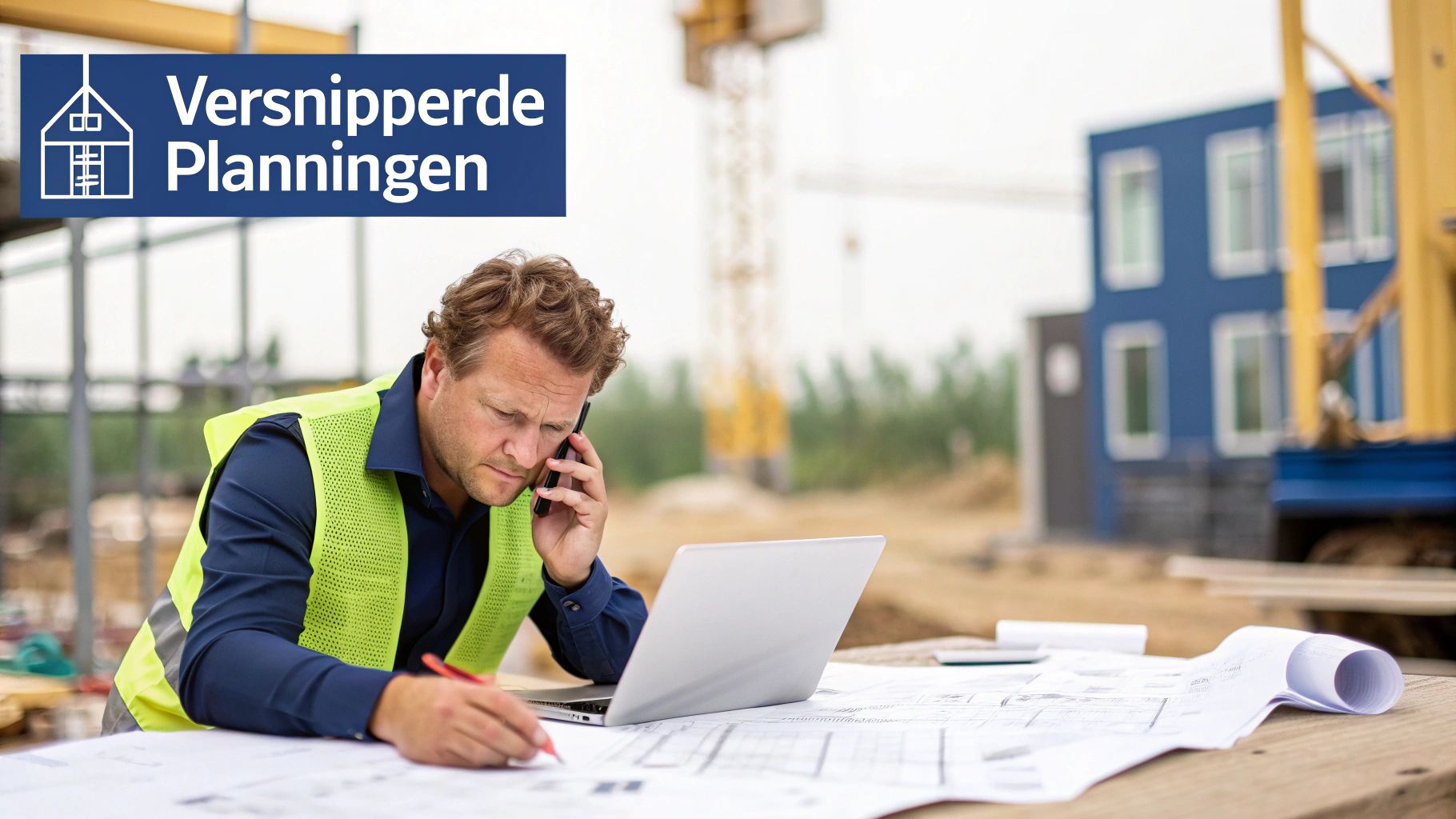 Bouwvakker in veiligheidsvest bekijkt bouwplannen en belt op een bouwplaats, met tekst 'Versnipperde Planningen'.