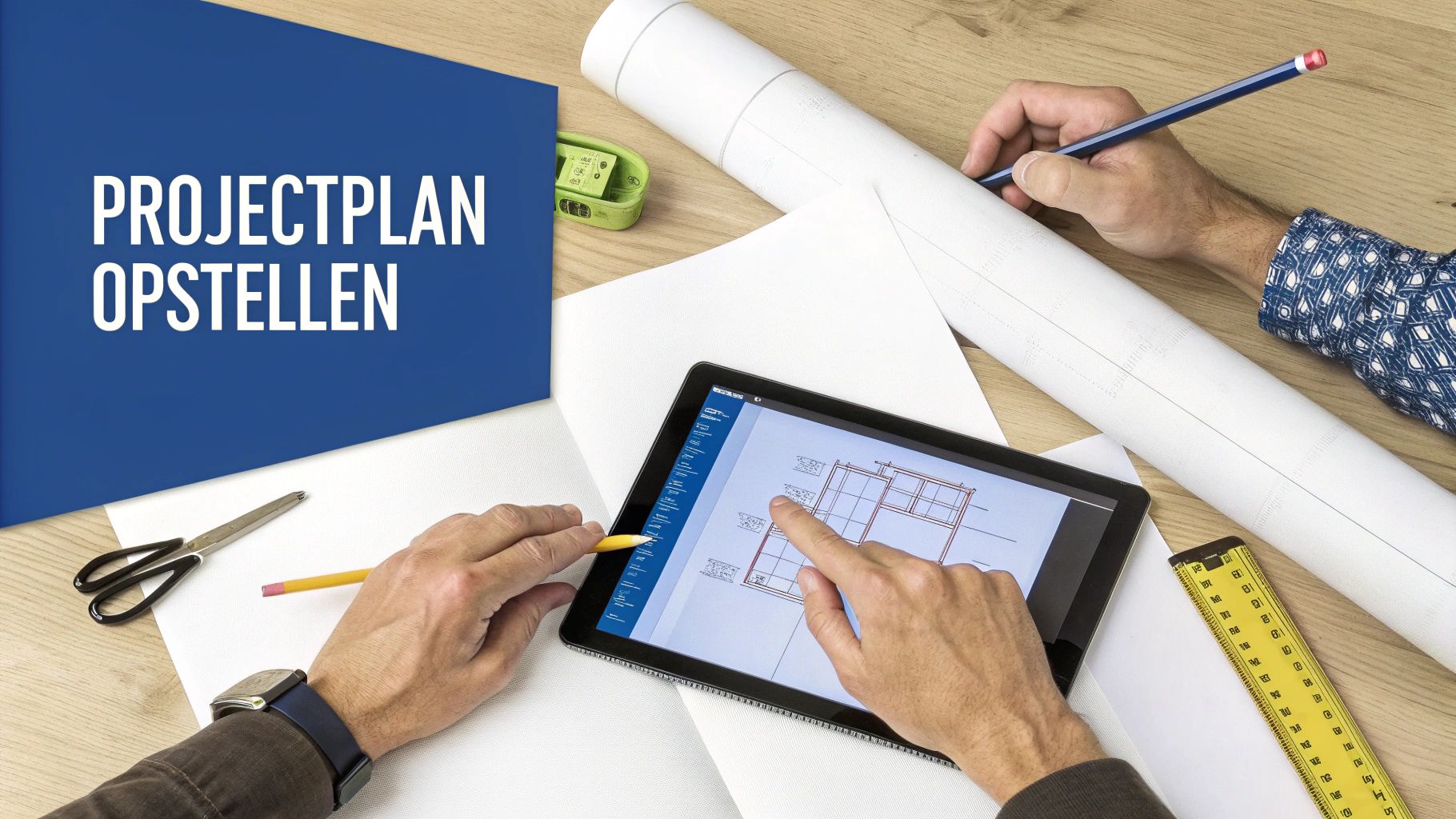Mensen stellen een projectplan op, werken met digitale blauwdrukken op een tablet en traditionele tekeningen.
