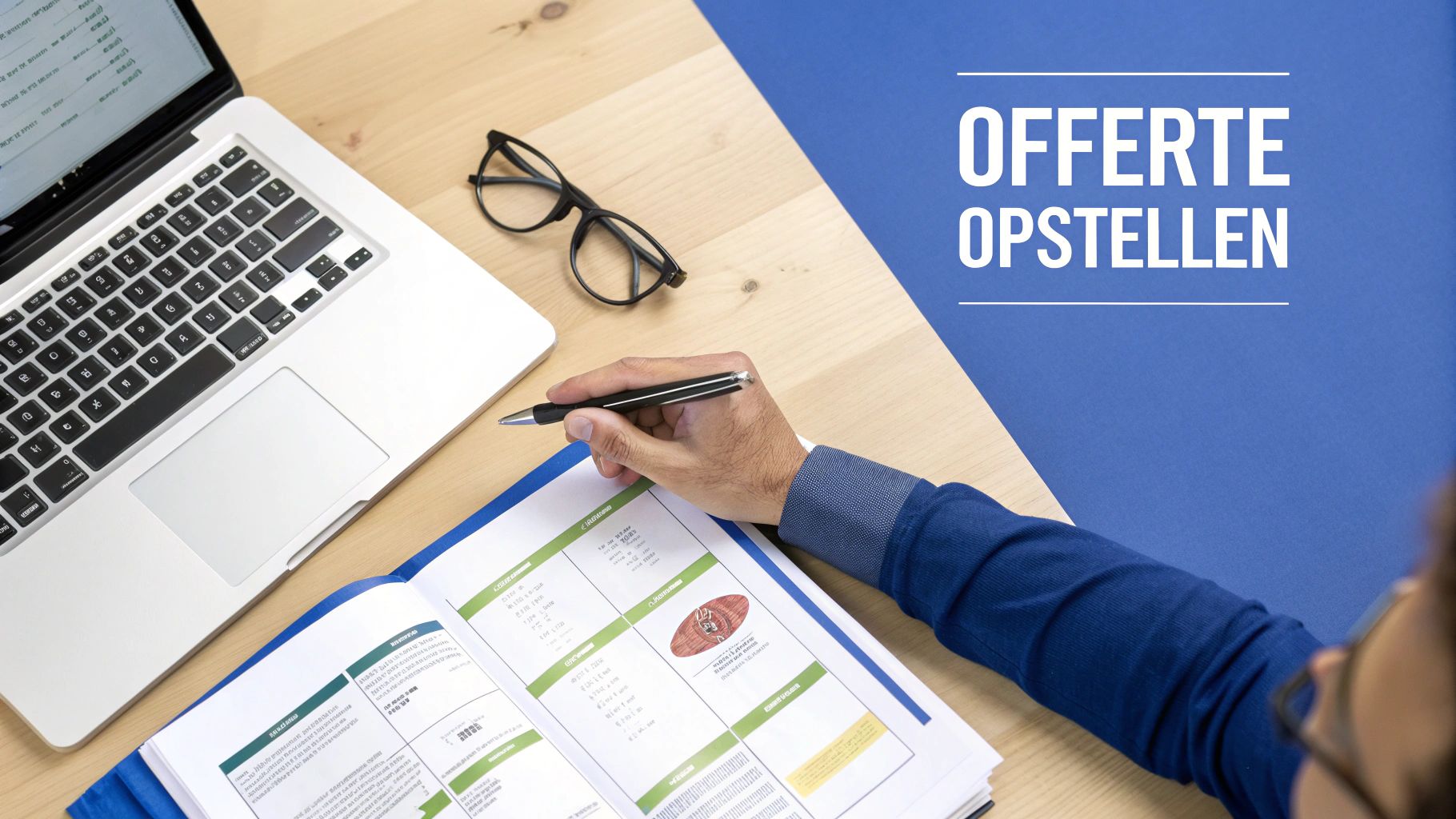 Een persoon schrijft in een open boek op een houten bureau met laptop en bril, naast een blauw vlak met 'OFFERTE OPSTELLEN'.