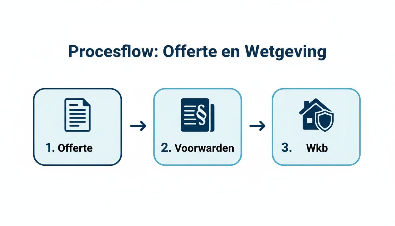 Procesflow met drie stappen voor offerte, voorwaarden en de Wet kwaliteitsborging voor het bouwen (Wkb), geïllustreerd met relevante iconen.