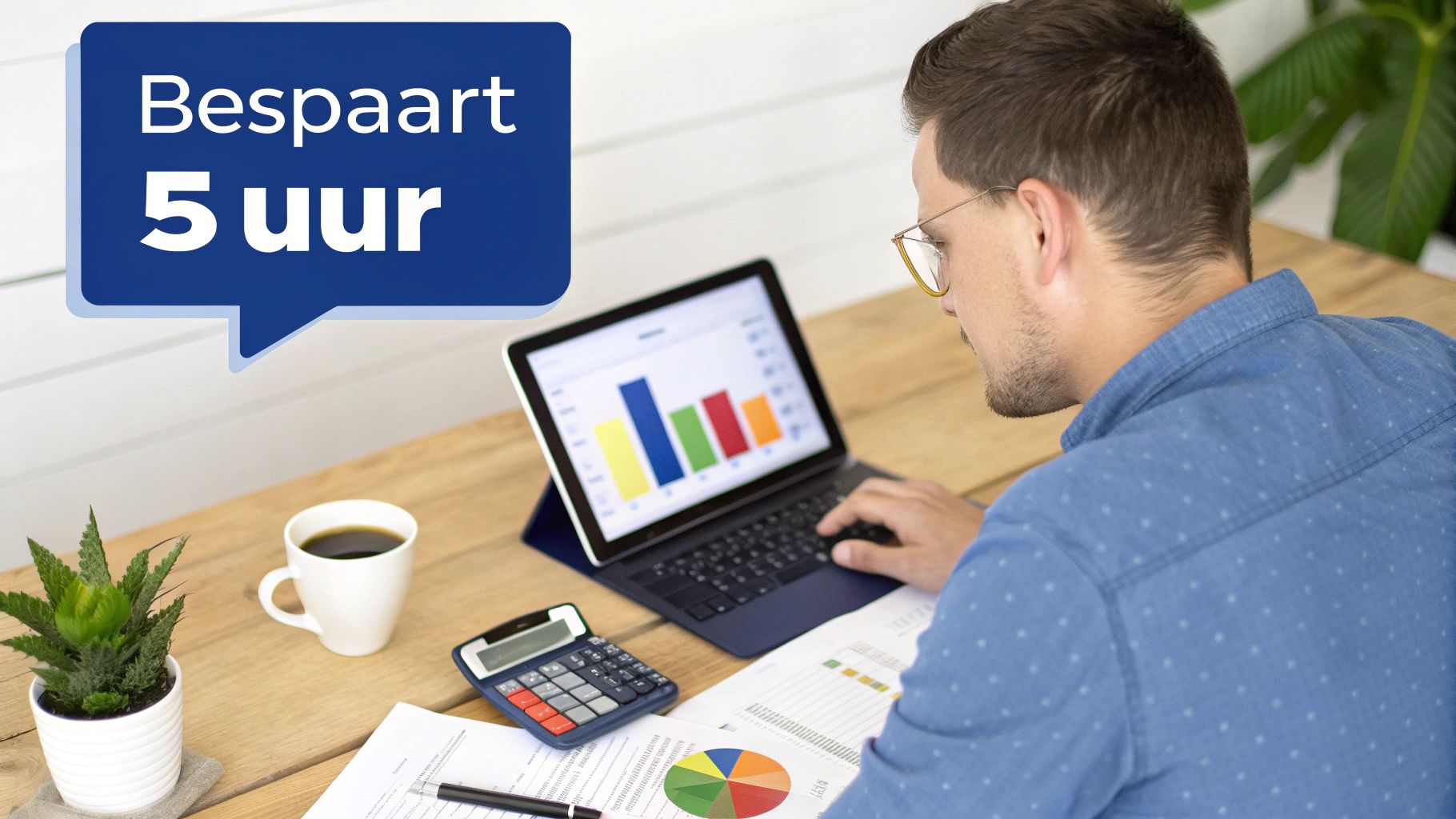 Een man analyseert data op een laptop met grafieken, een calculator en documenten. 'Bespaart 5 uur' staat in de tekstballon.