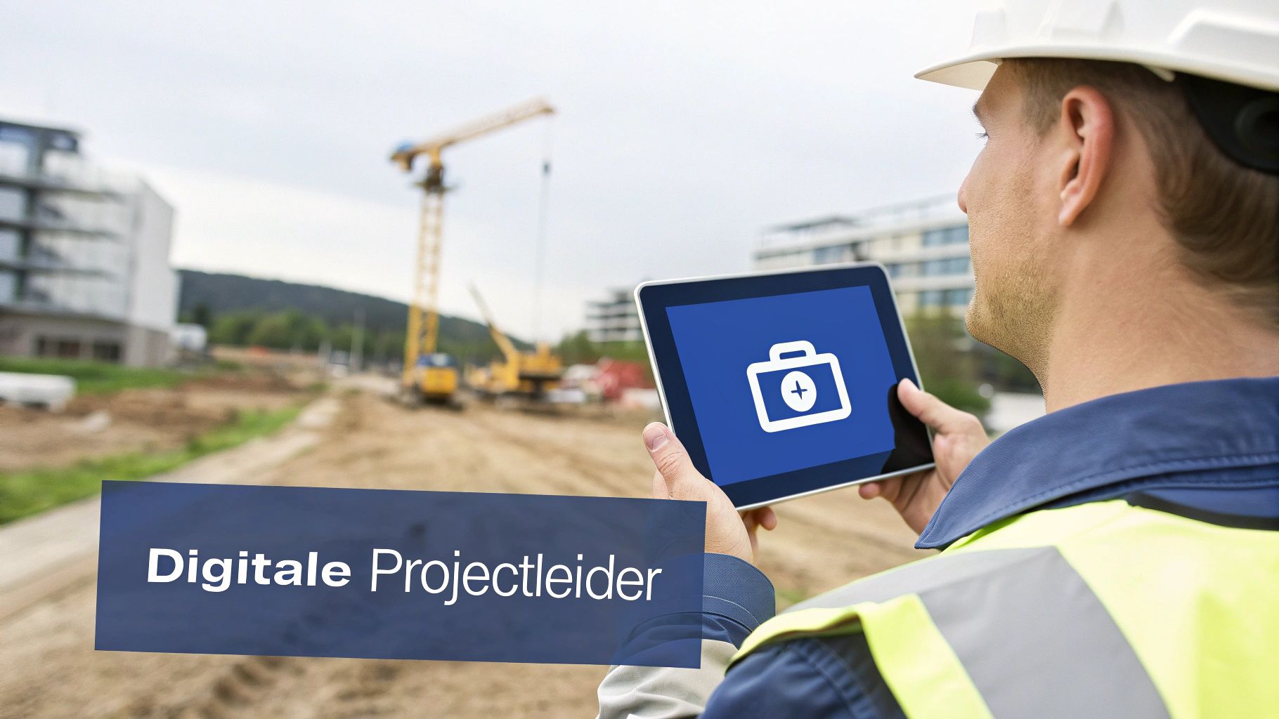 Bouwvakker met veiligheidshelm en reflecterend vest bekijkt digitale projectmanagementsoftware op een tablet op een bouwplaats.