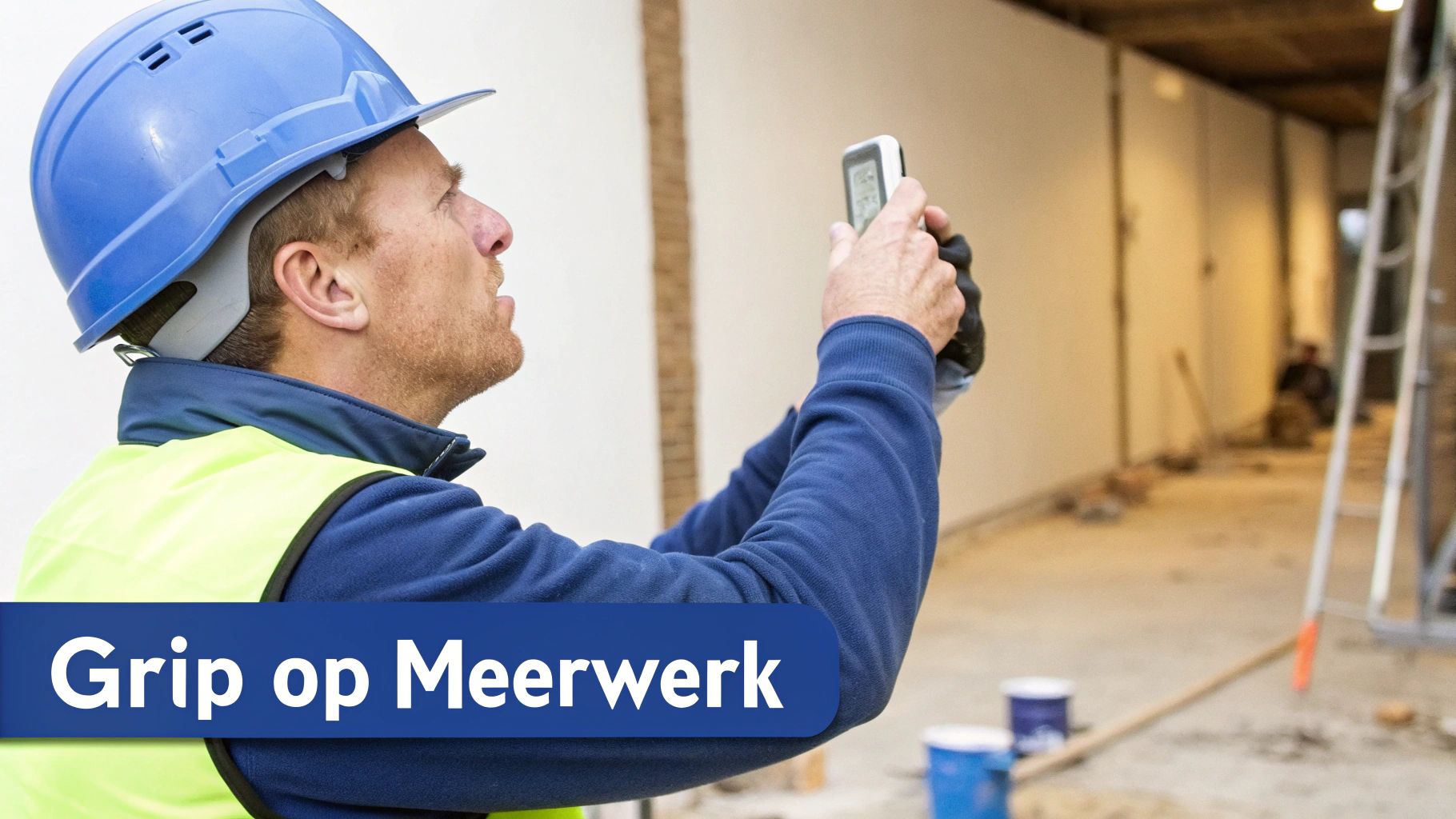 Een bouwprofessional die aantekeningen maakt op een tablet op de bouwplaats.