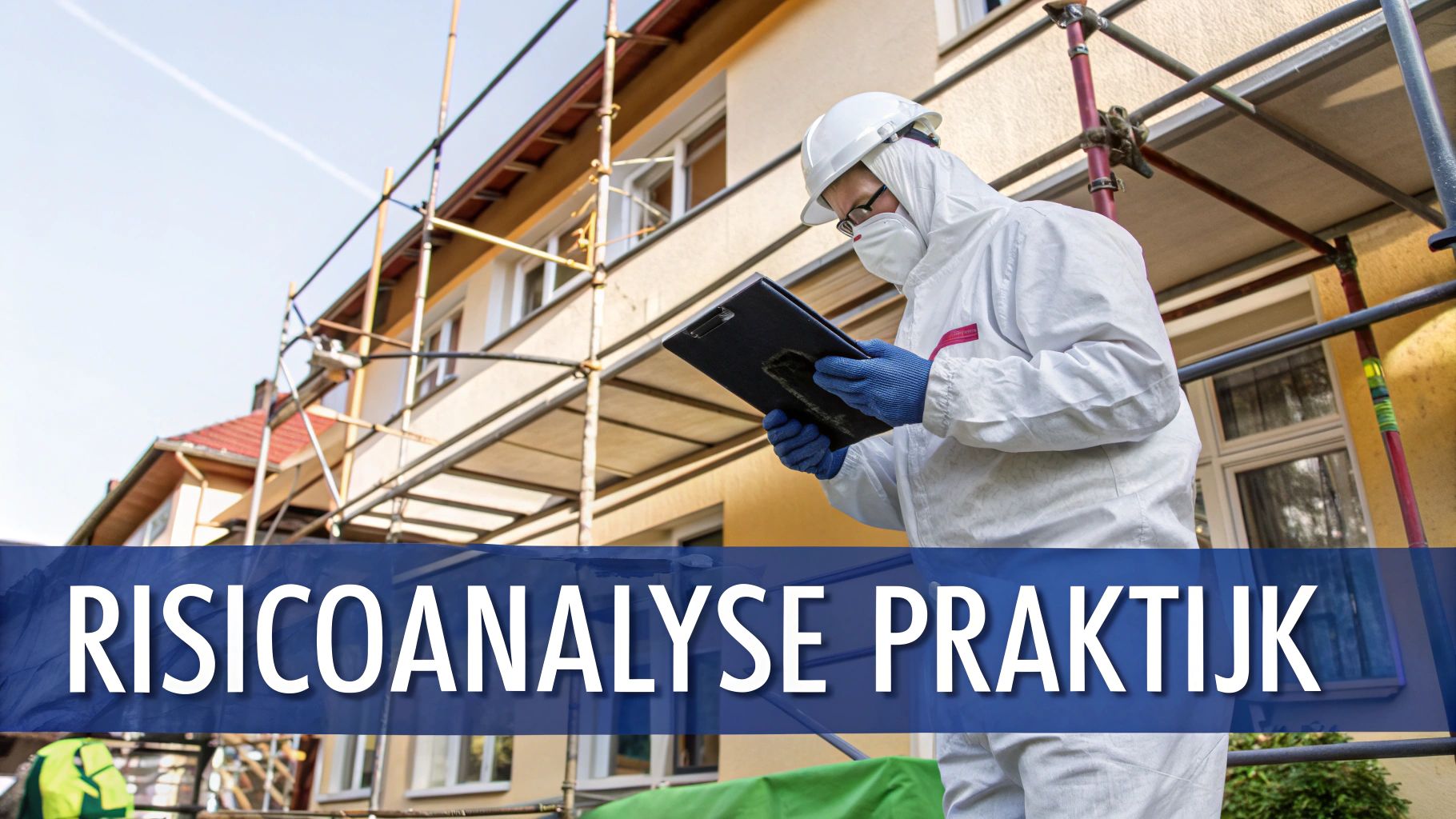 Persoon in beschermende kleding en helm voert risicoanalyse uit bij gebouw met steigers.