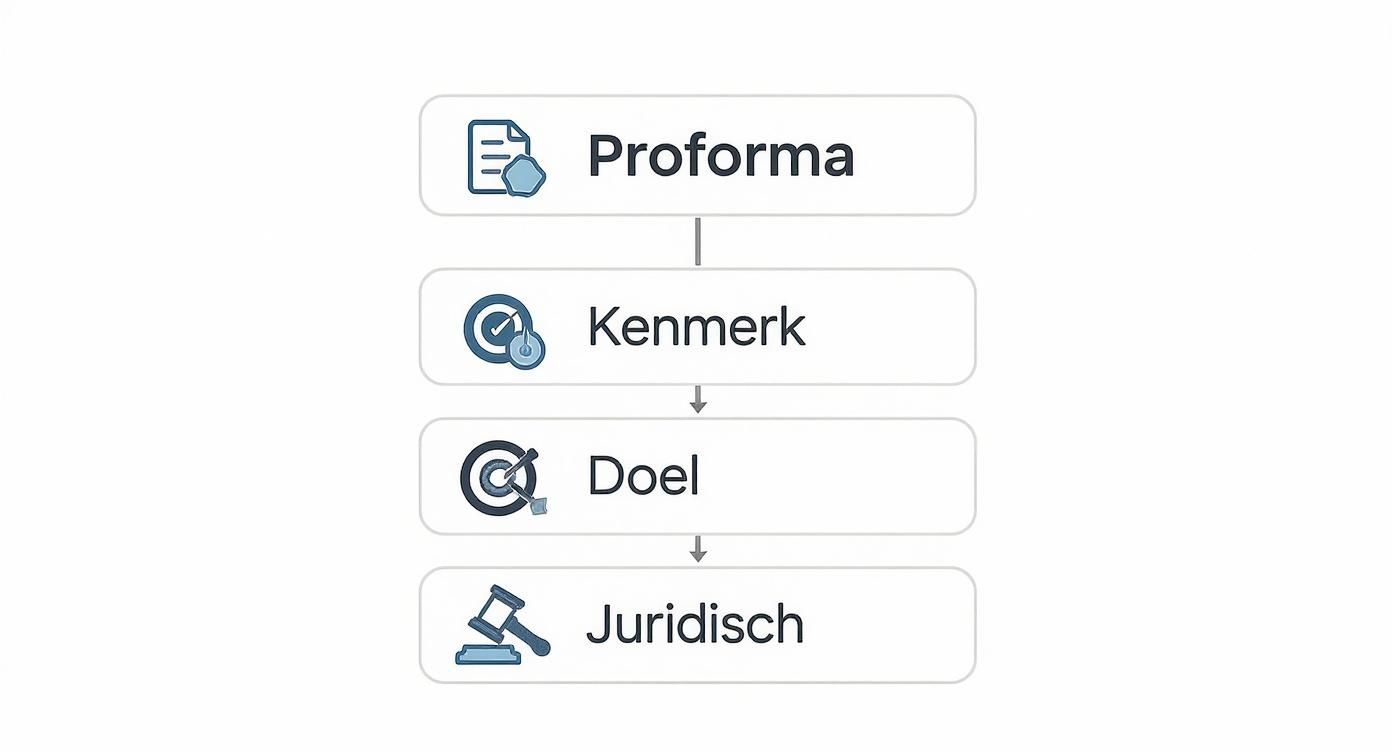 Een stroomdiagram dat de opeenvolgende stappen Proforma, Kenmerk, Doel en Juridisch weergeeft.