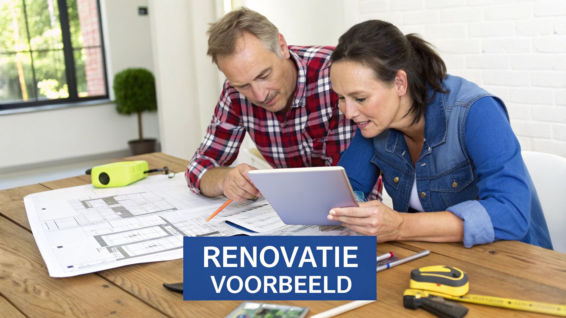 Man en vrouw bekijken bouwplannen en een tablet op een houten tafel, mogelijk voor een renovatieproject.
