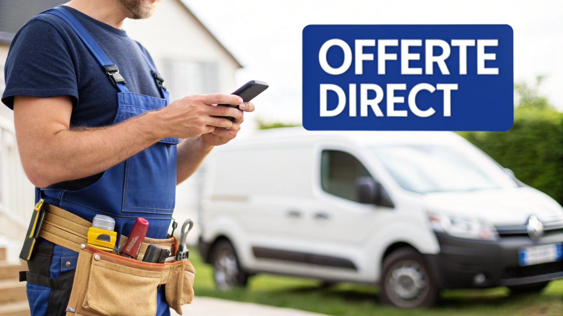 Een klusjesman in een blauwe overall met gereedschapsriem kijkt op zijn telefoon, met een wit busje en 'OFFERTE DIRECT' bord.