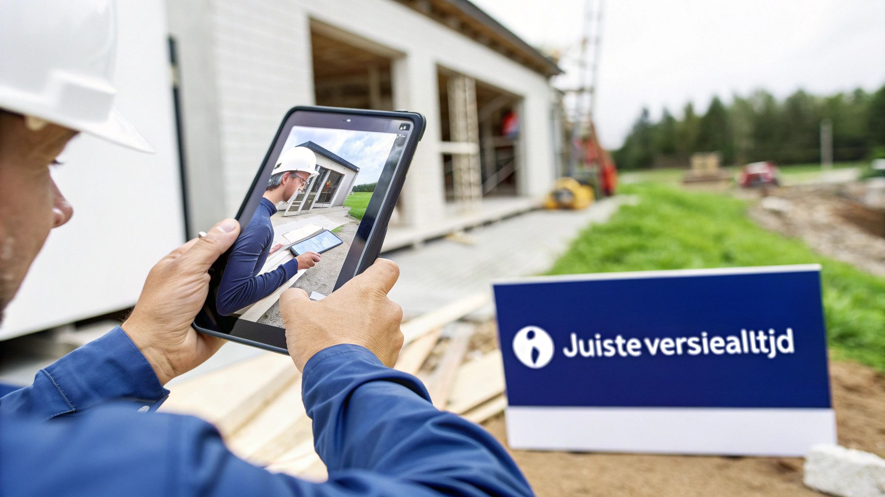 Een bouwvakker met veiligheidshelm gebruikt een tablet die een andere bouwvakker op een bouwplaats toont, met een informatiebord.