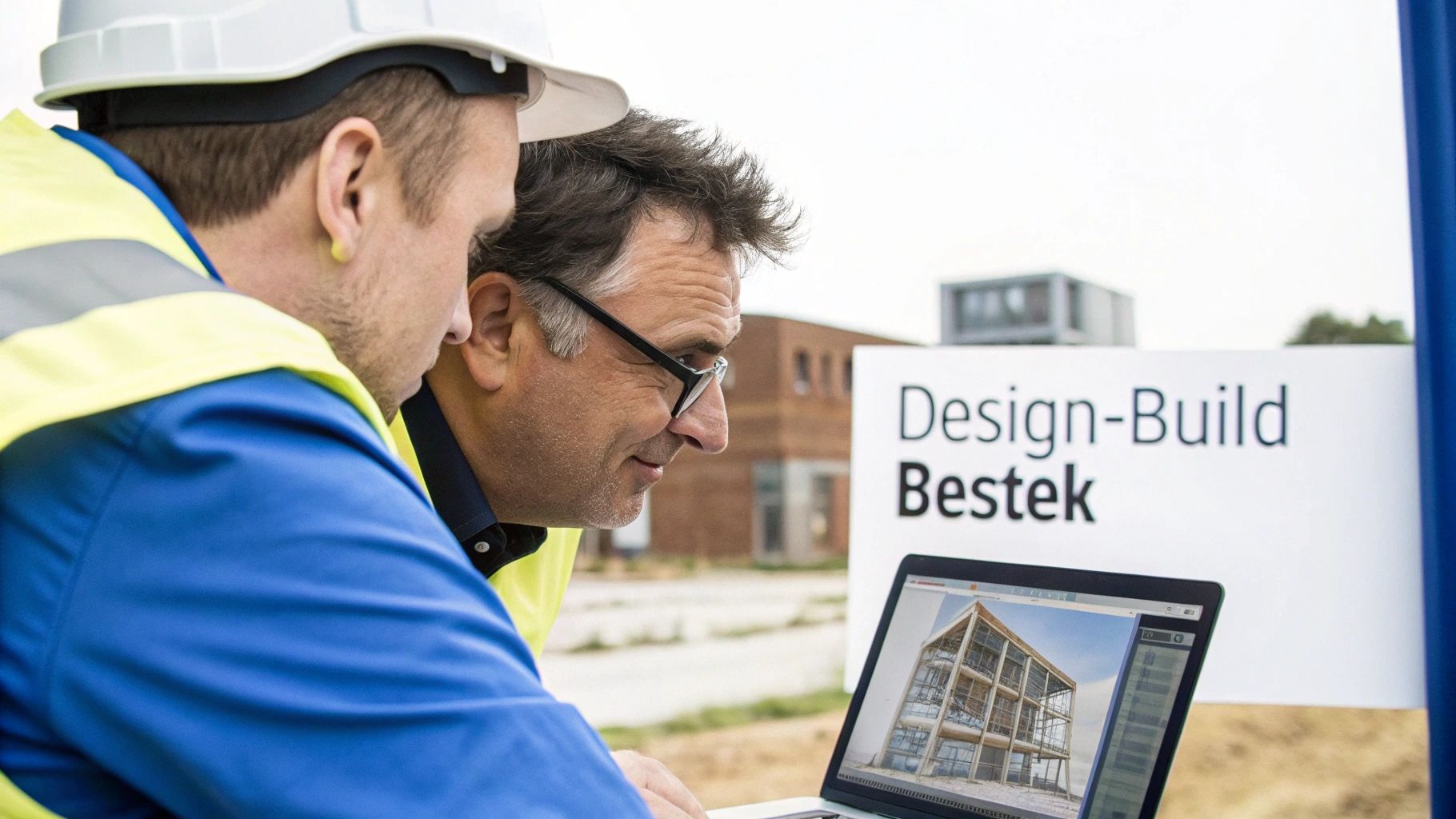 Twee mannen in veiligheidskleding bekijken bouwplannen op een laptop bij een 'Design-Build Bestek' bord.