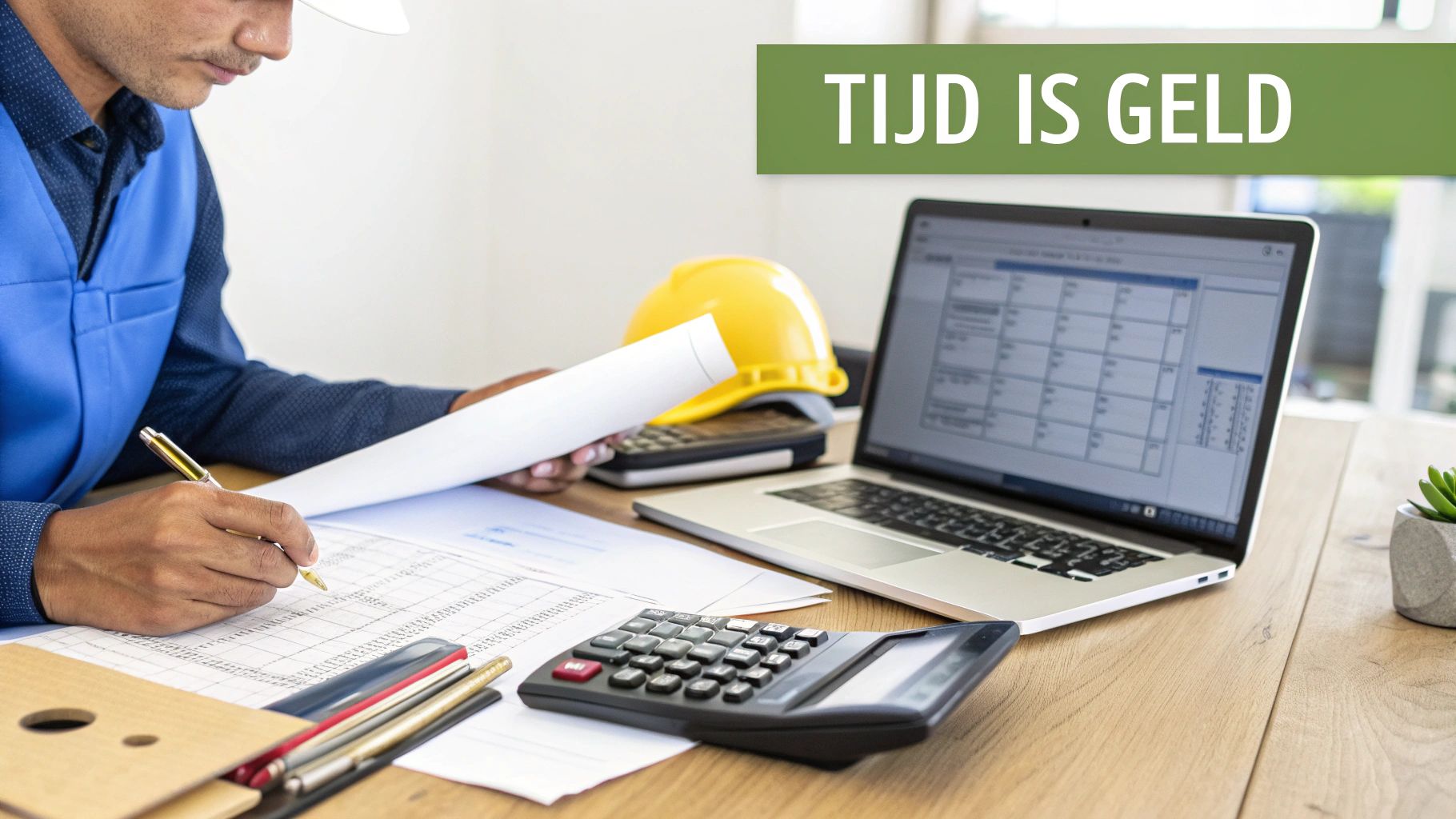 Een aannemer die financiële documenten bekijkt op zijn laptop op een bouwplaats.