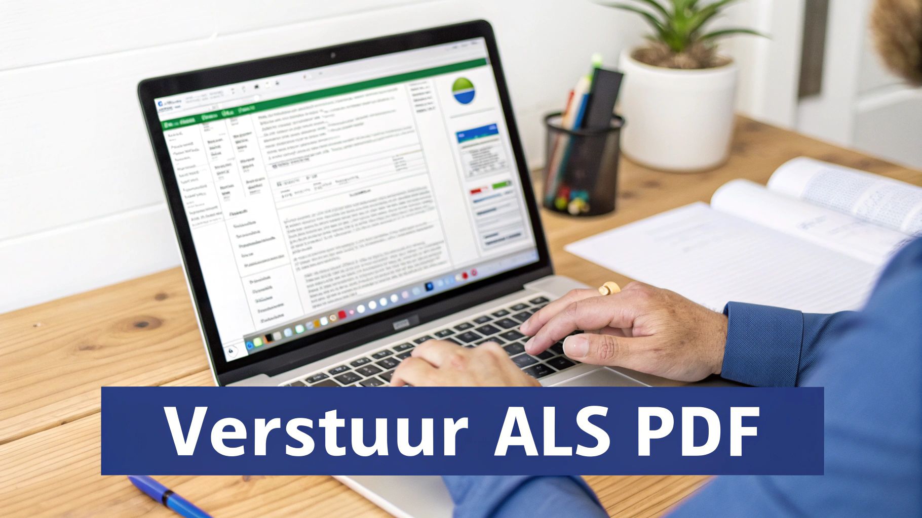 Persoon typt op laptop met Excel-achtige software, met de tekst 'Verstuur ALS PDF' in beeld.