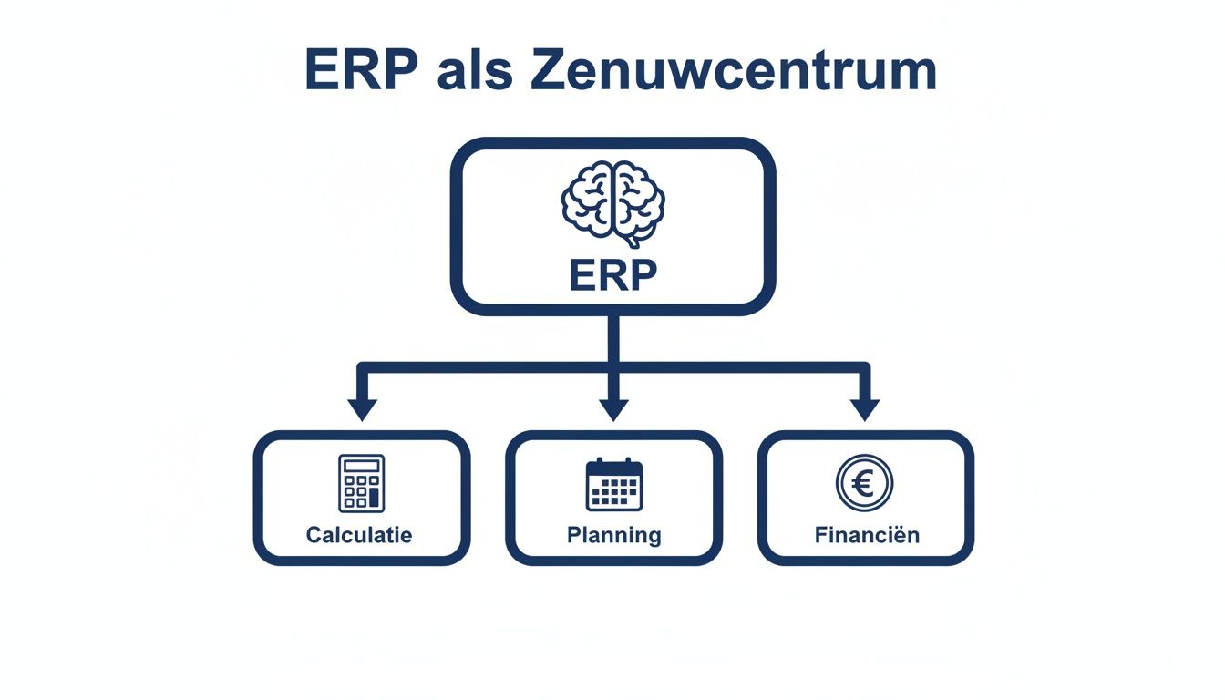 Diagram van ERP als zenuwcentrum, dat de kernfuncties calculatie, planning en financiën verbindt.