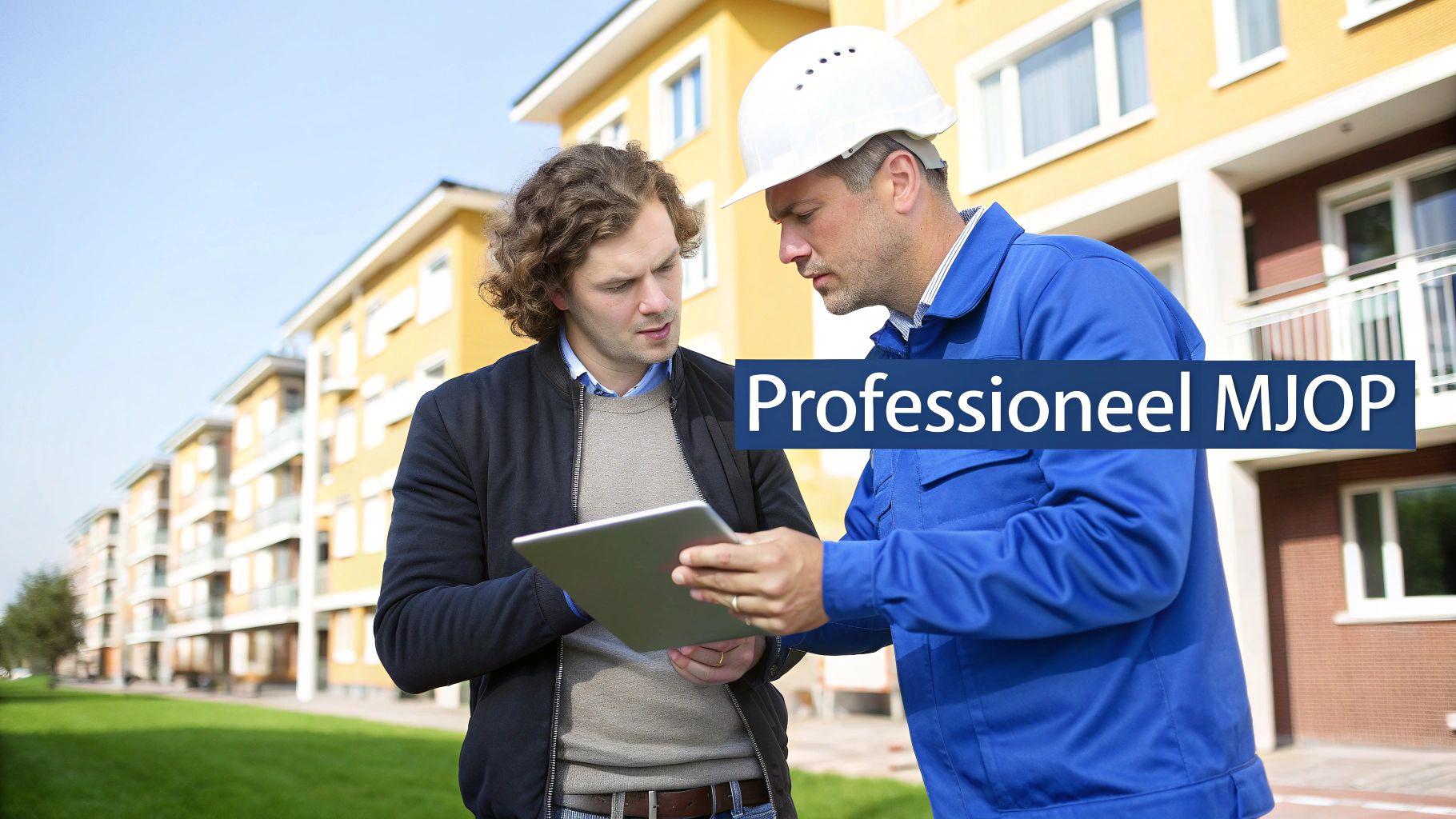 Twee mannen, een bouwvakker en een klant, bespreken een professioneel MJOP op een tablet bij appartementen.